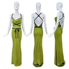 JOHN GALLIANO 1999 Vintage Grün Bedrucktes Rückenfreies Maxikleid m. Blauer Samtbesatz