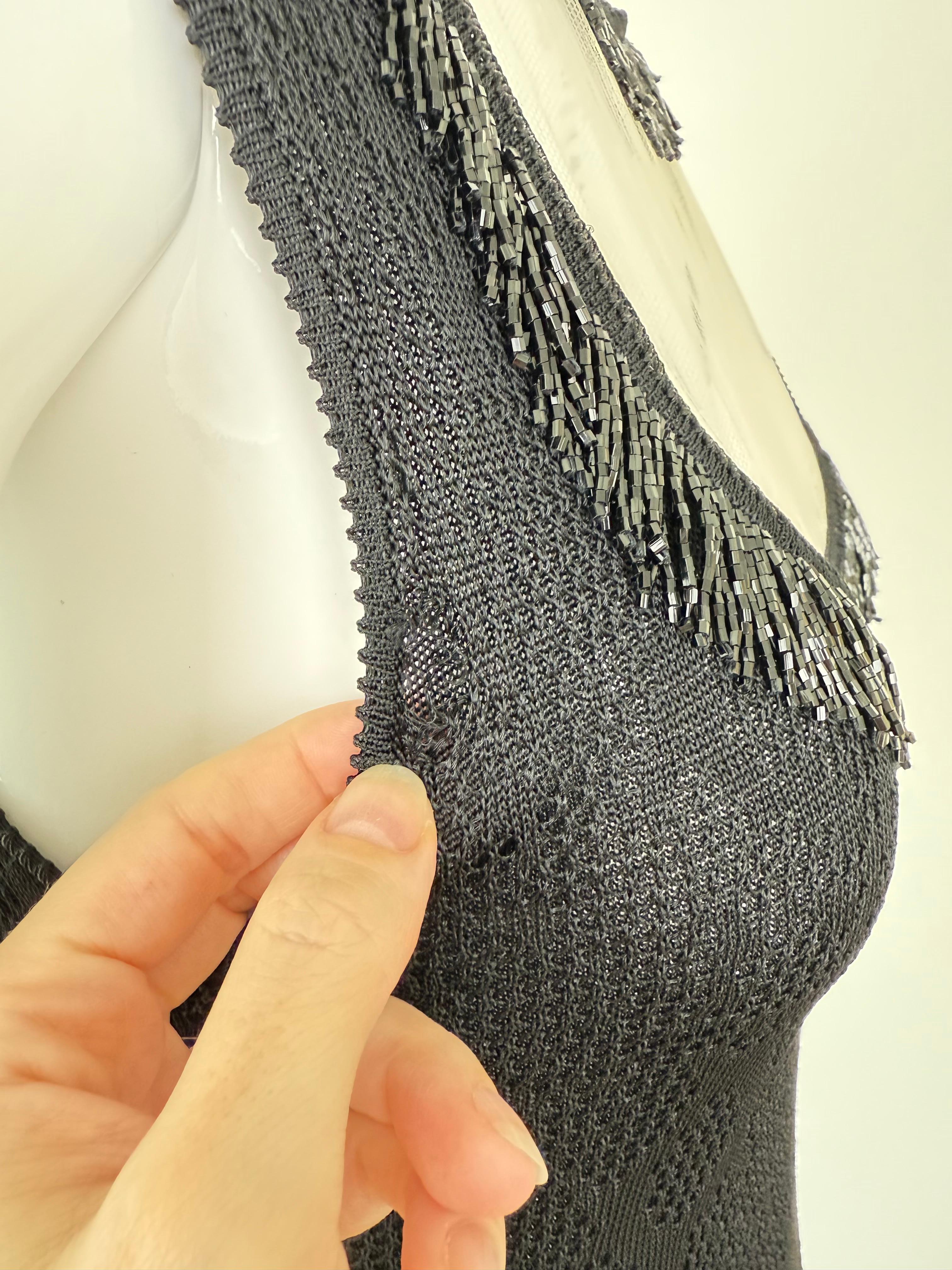 JOHN GALLIANO 2000 Vintage Beaded Black Evening Gown Maxi Dress Pointelle Knit For Sale 6