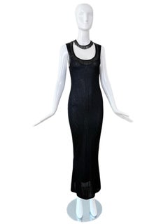 JOHN GALLIANO 2000 Vintage Beaded Black Evening Gown Maxi Dress Pointelle Knit