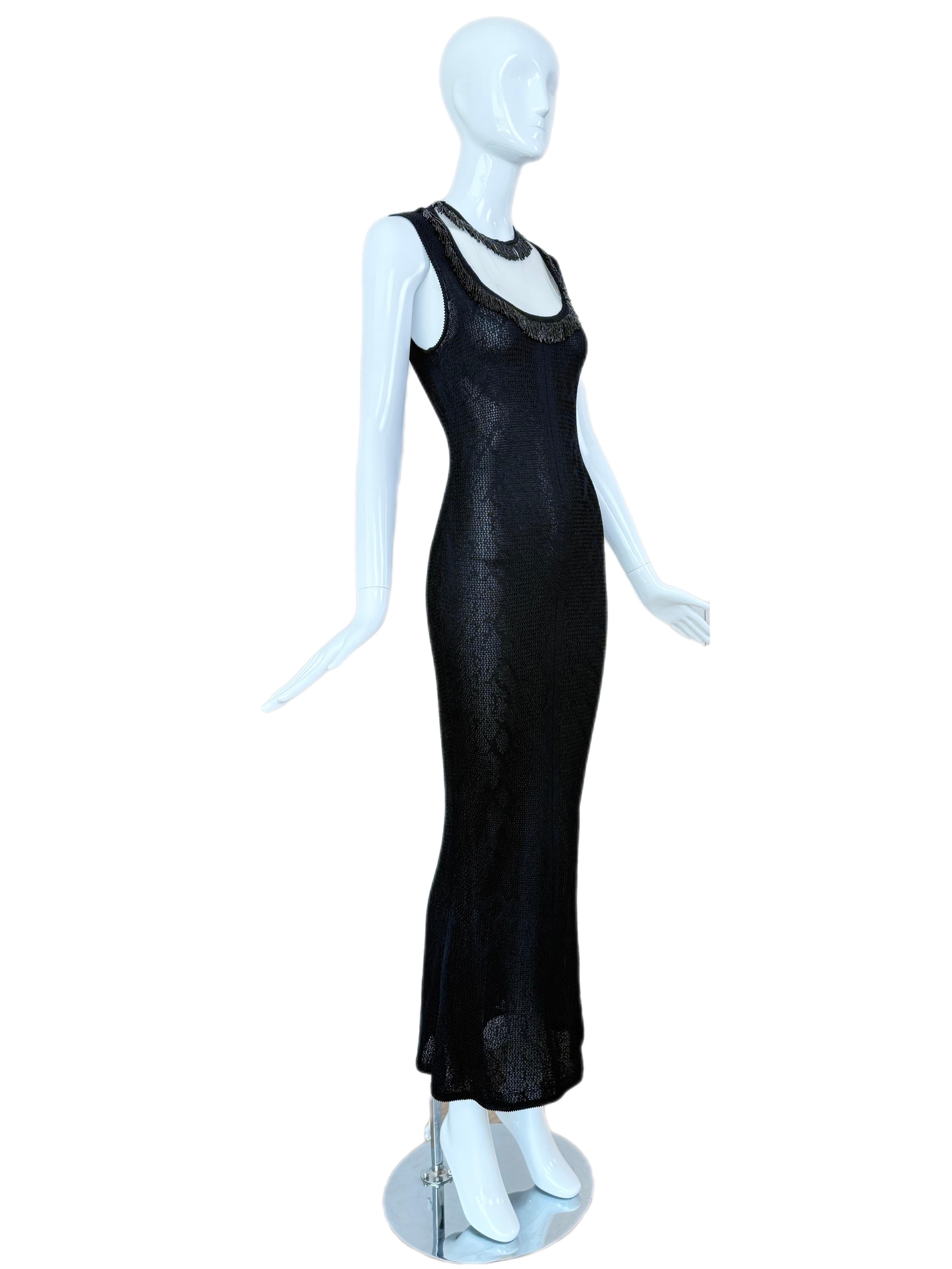 JOHN GALLIANO 2000 Vintage Beaded Black Evening Gown Maxi Dress Pointelle Knit In Good Condition For Sale In Leonardo, NJ