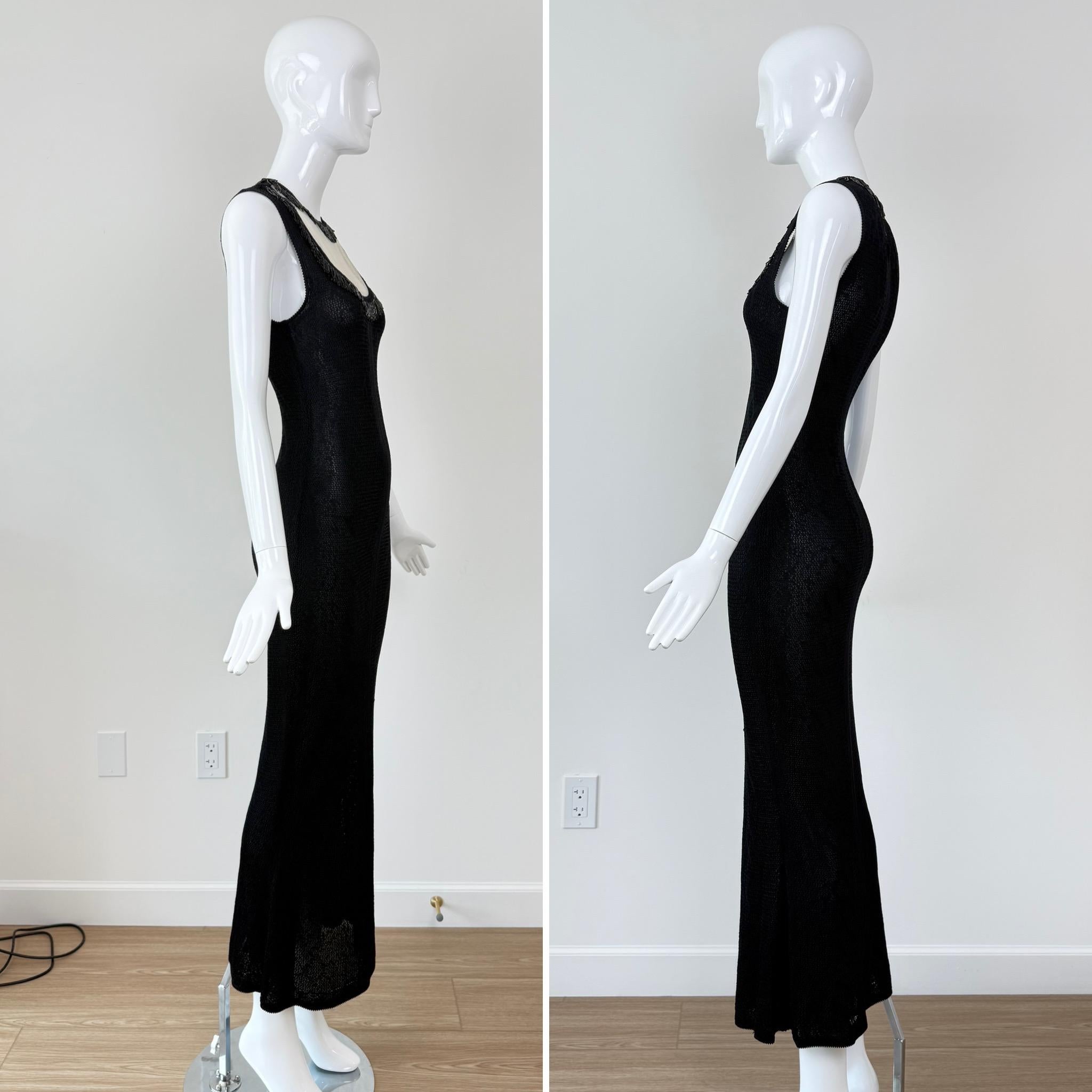 Women's JOHN GALLIANO 2000 Vintage Beaded Black Evening Gown Maxi Dress Pointelle Knit For Sale