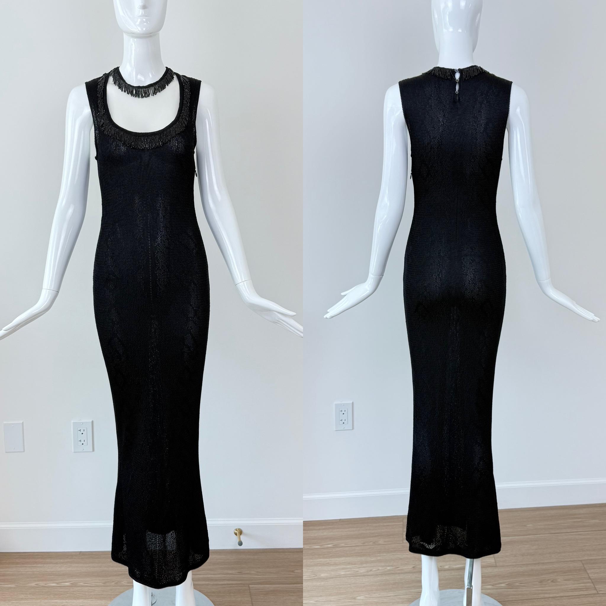 JOHN GALLIANO 2000 Vintage Beaded Black Evening Gown Maxi Dress Pointelle Knit For Sale 1