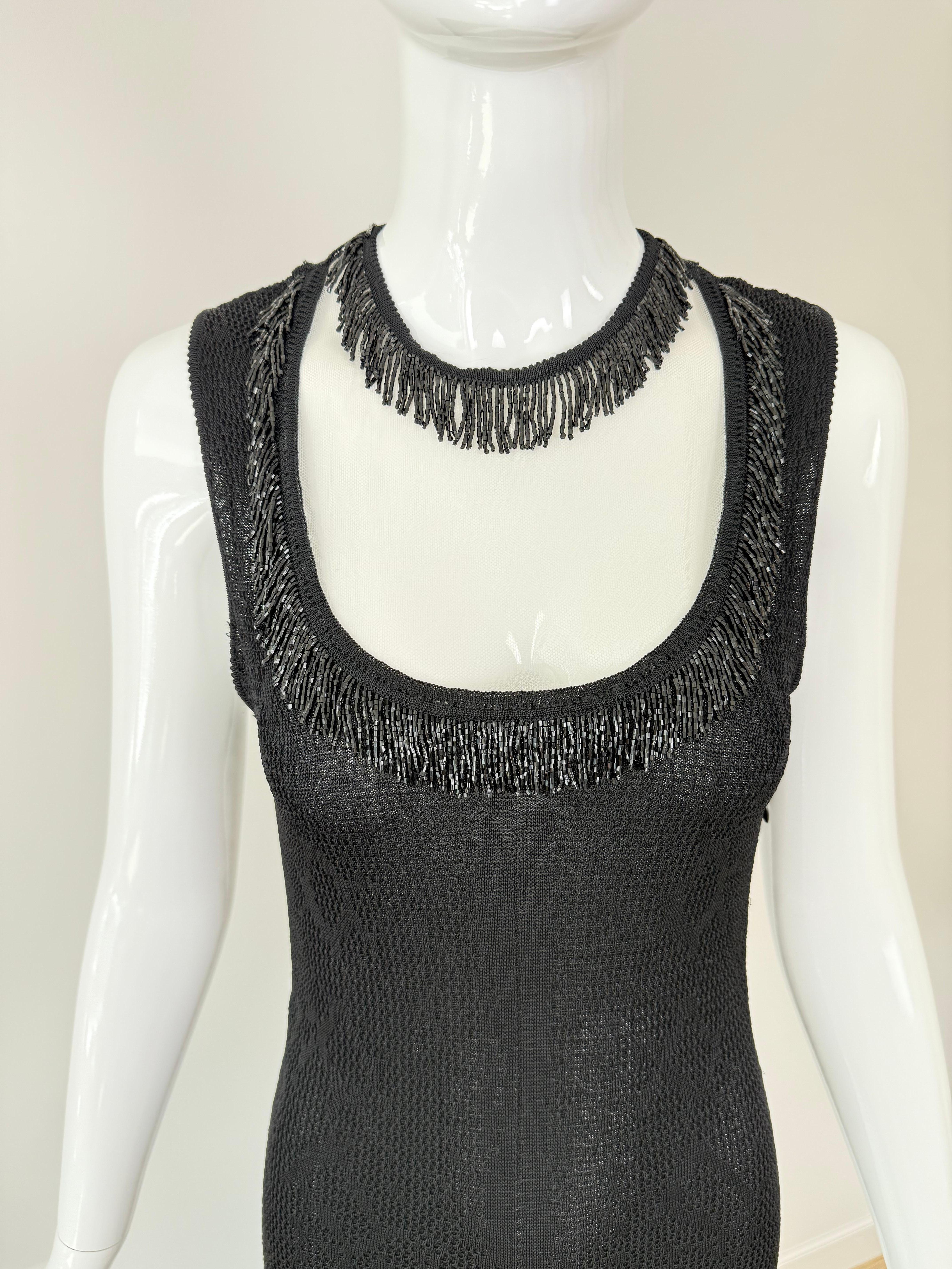 JOHN GALLIANO 2000 Vintage Beaded Black Evening Gown Maxi Dress Pointelle Knit For Sale 2