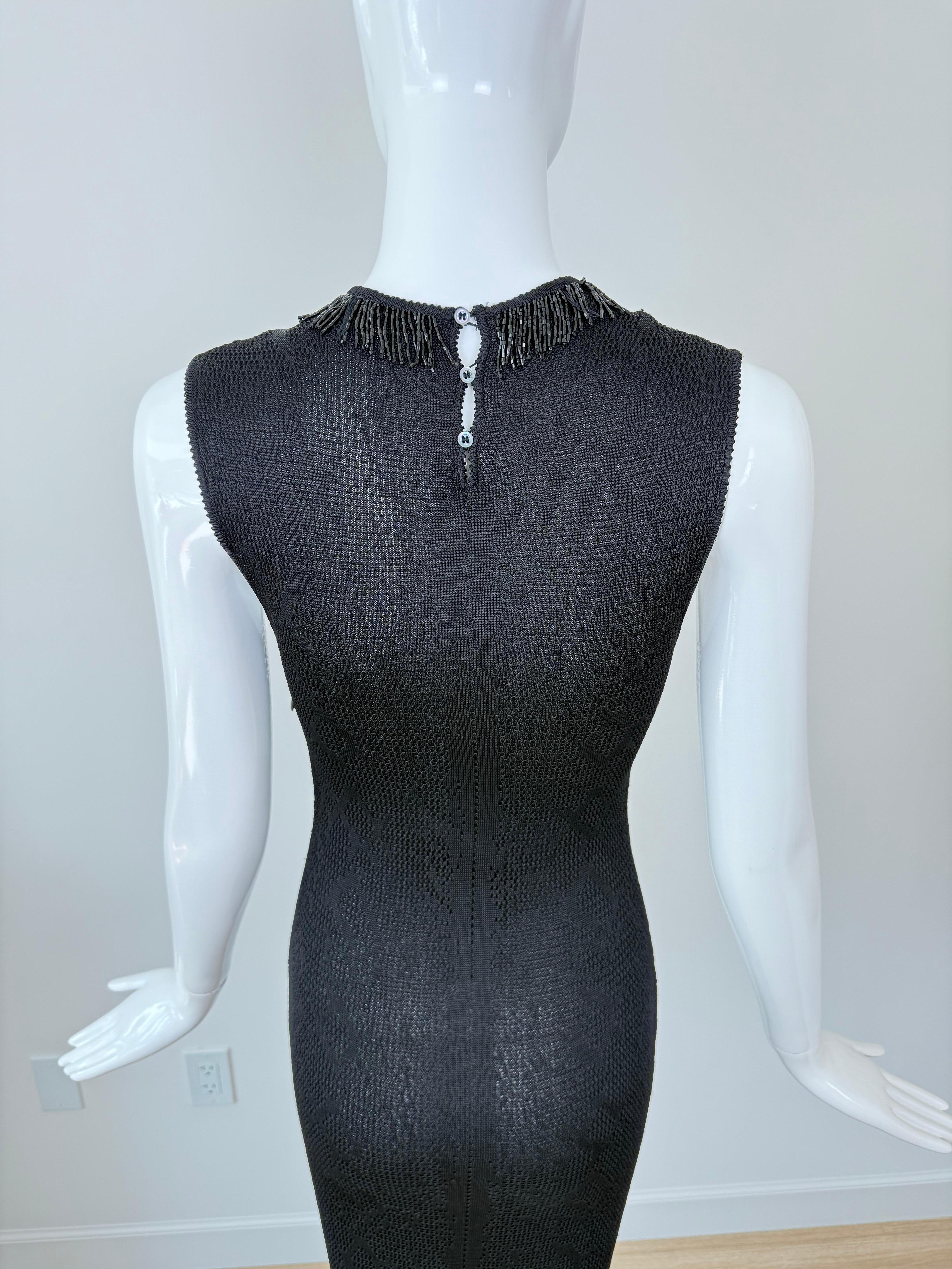 JOHN GALLIANO 2000 Vintage Beaded Black Evening Gown Maxi Dress Pointelle Knit For Sale 3