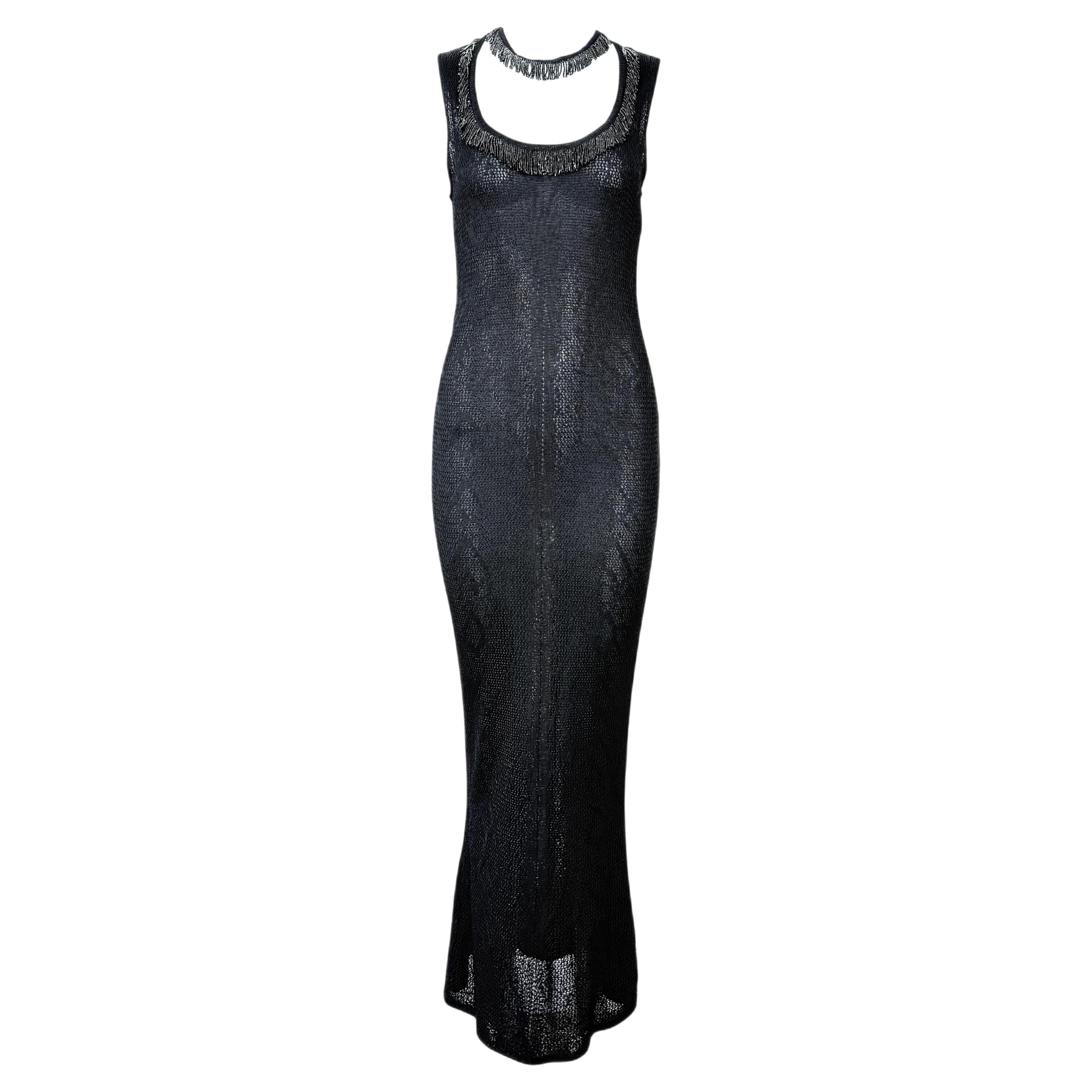 JOHN GALLIANO 2000 Vintage Beaded Black Evening Gown Maxi Dress Pointelle Knit For Sale