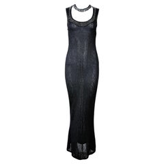 John Galliano 2000 Abito da sera vintage con perline in nero Maxi Abito in maglia a pointelle