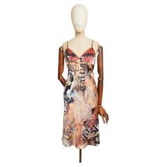 I Galliano 2000's Bias Cut Antique Newspaper Print long Silk Slip Dress