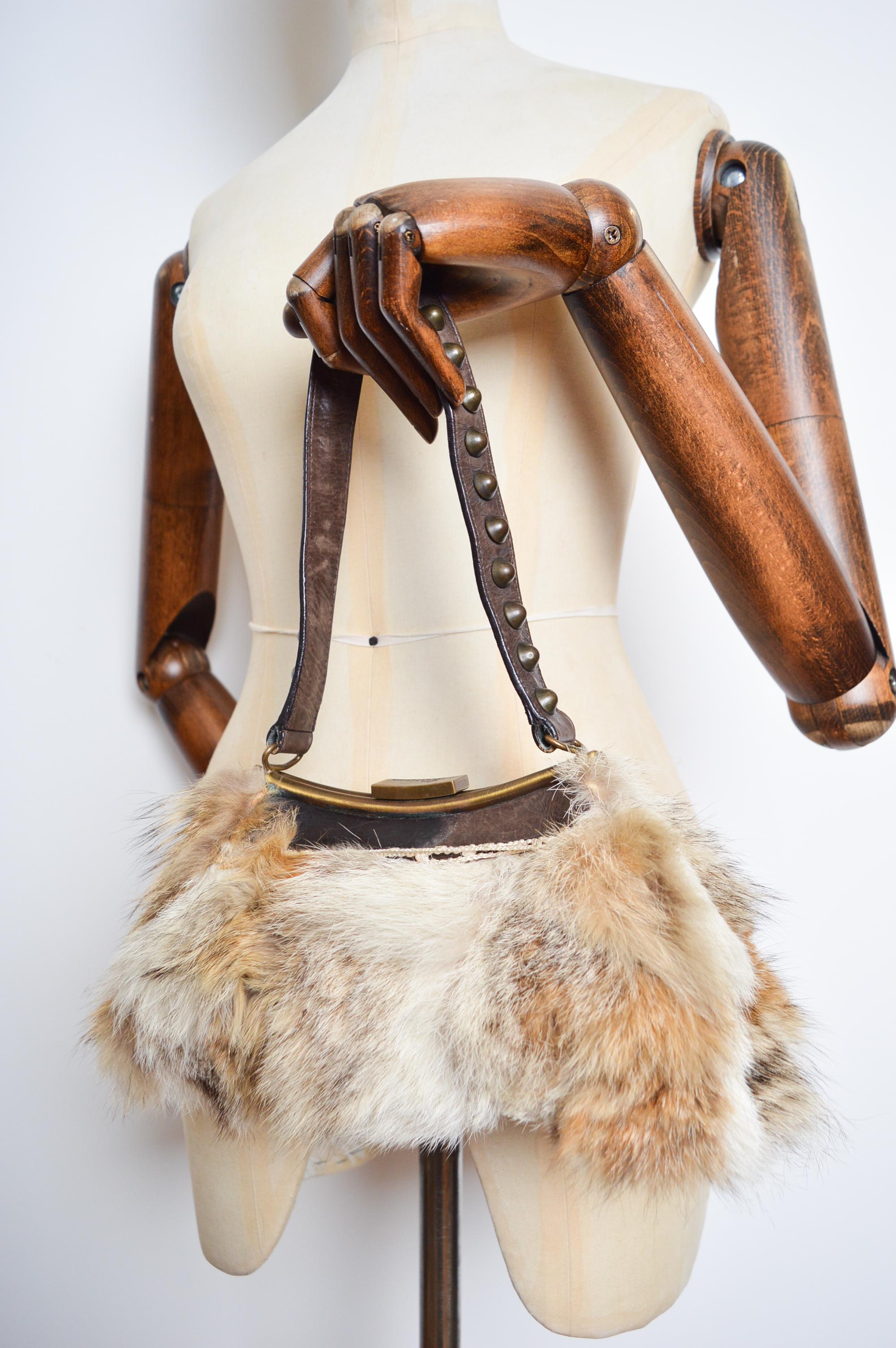 John Galliano 2000's Fur & Leather Studded Vintage shoulder Bag For Sale 3