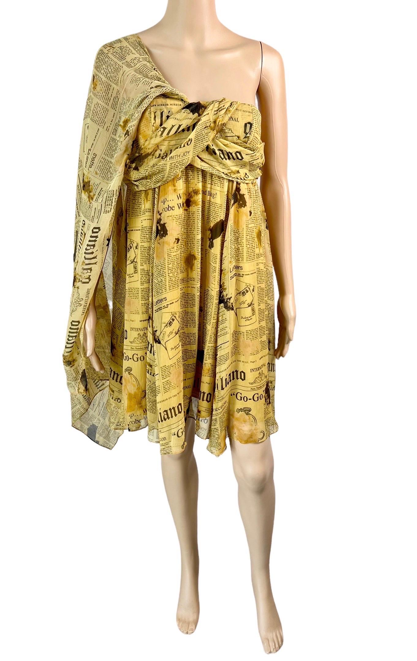 Beige John Galliano 2000's Gazette Newspaper Print Bustier Silk Dress For Sale