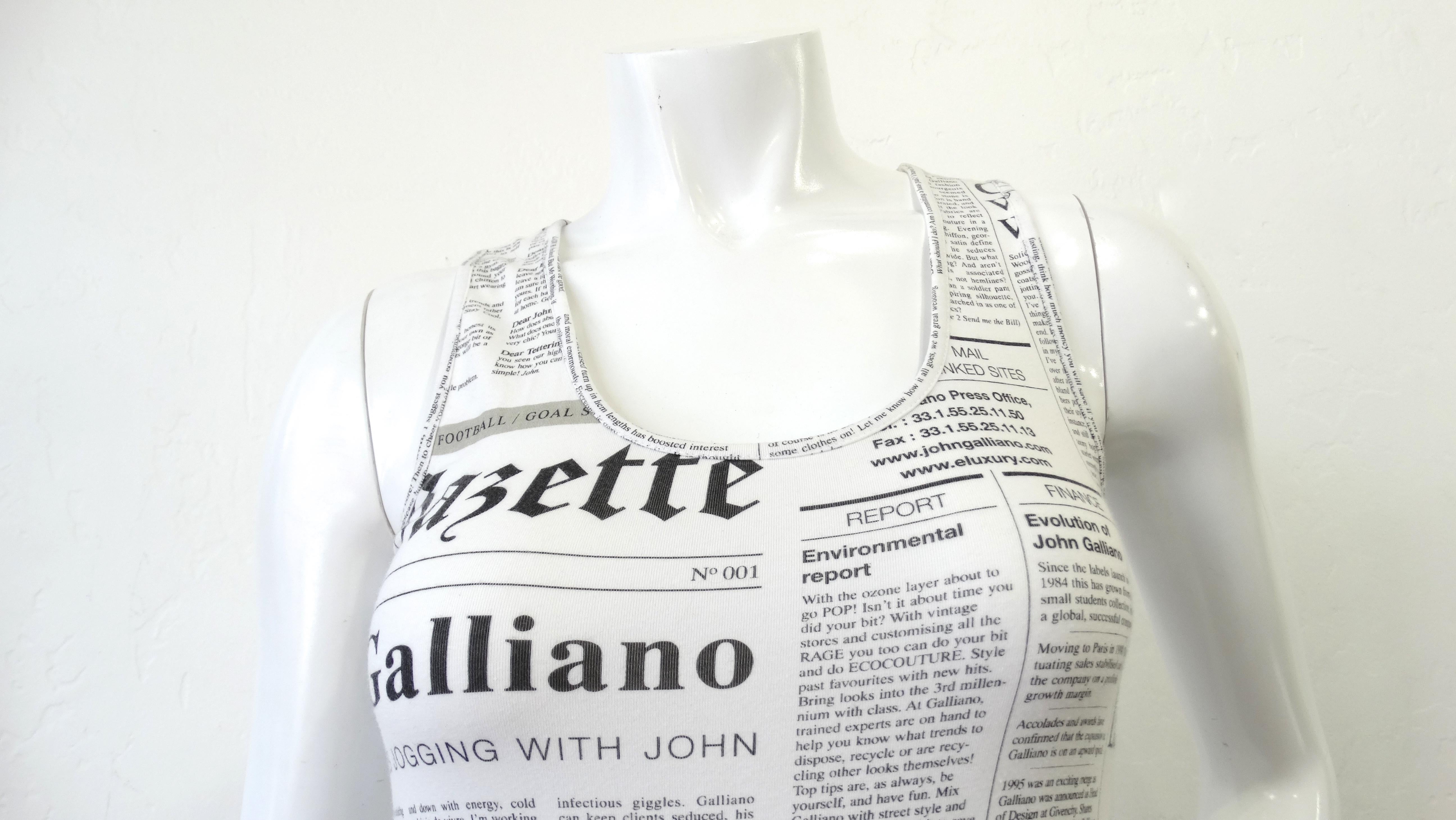 The dress of your dreams is here! Circa 2000s and reminiscent of his Dior Daily print, this white Galliano fitted sleeveless dress features the iconic Gazette newspaper print, a racerback, and a red trim John Galliano hem. Perfect to throw on with a