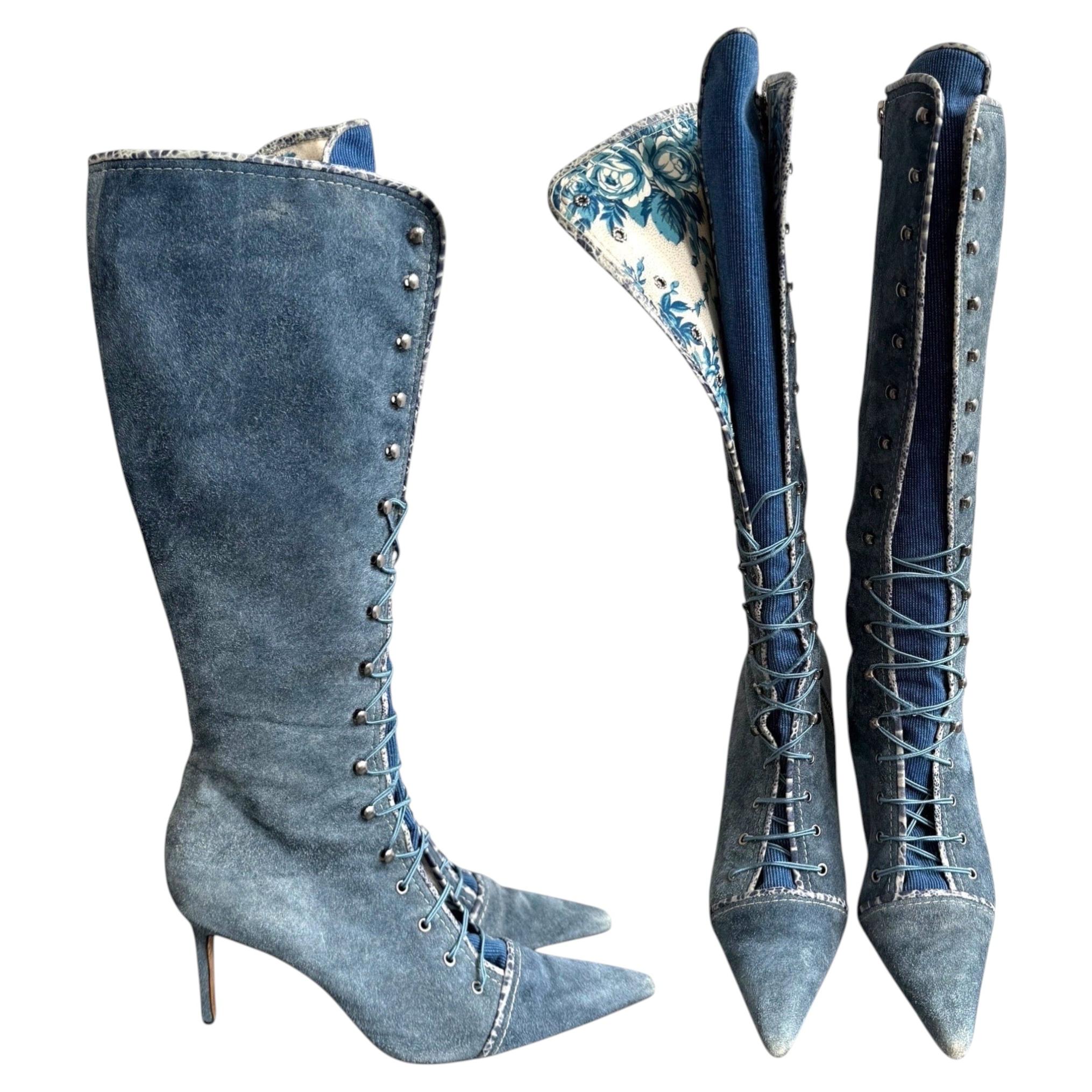 Pre-owned John Galliano 2000�s Lace-up Knee-high Boots In Gray