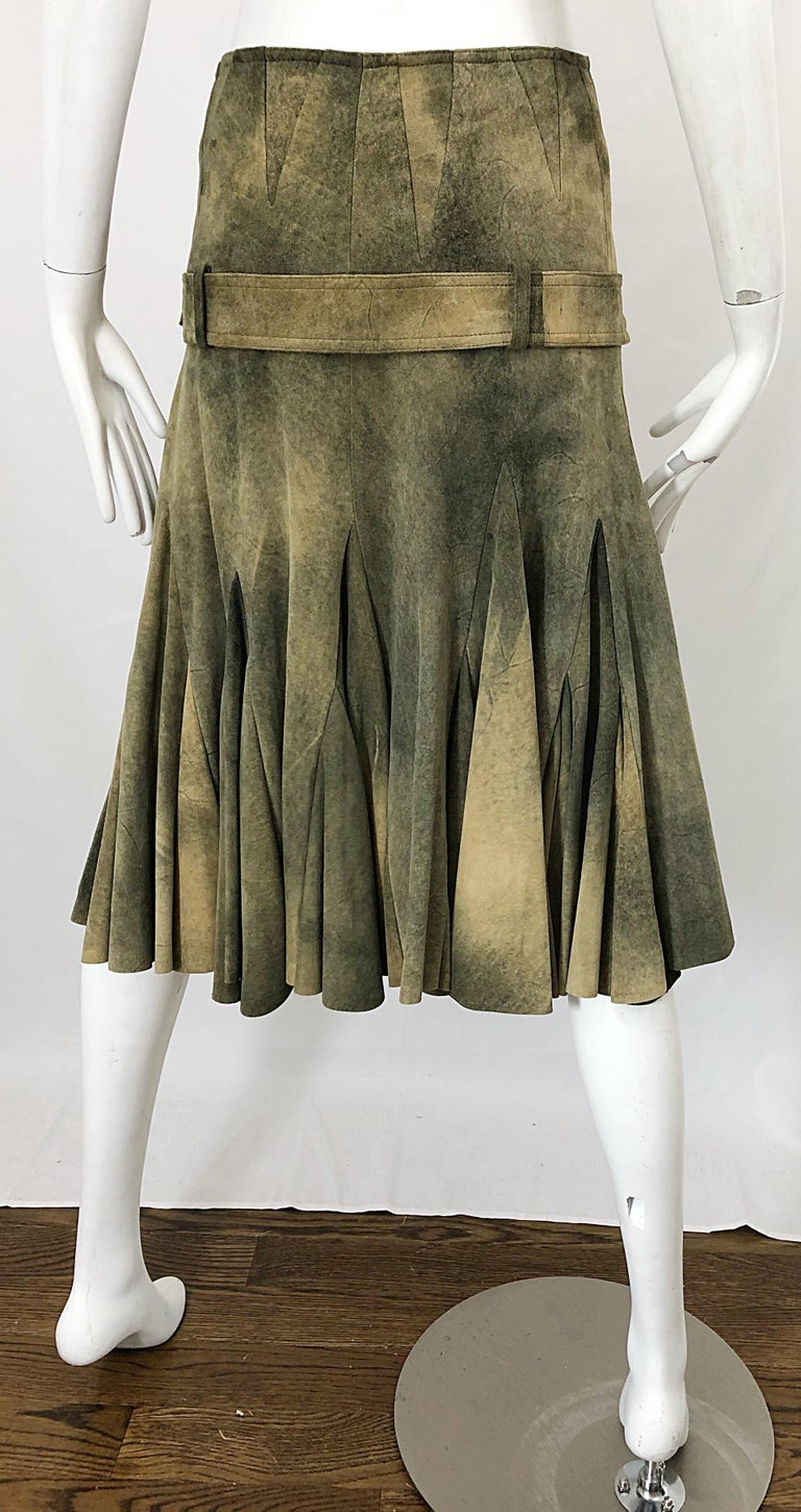 John Galliano 2000s Leather Size 4 Distressed Print Drop Waist Belted Skirt For Sale 5