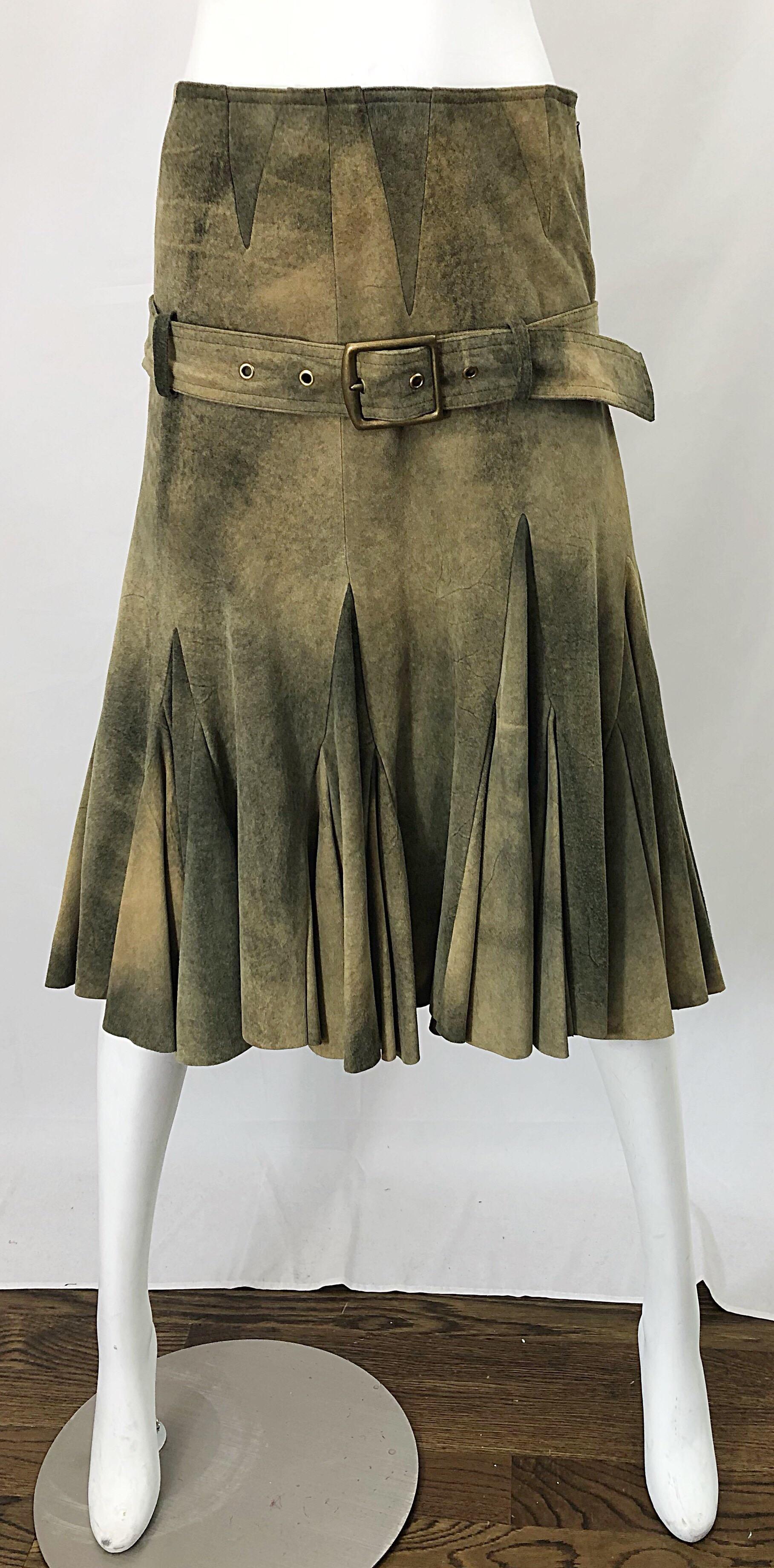 John Galliano 2000s Leather Size 4 Distressed Print Drop Waist Belted Skirt For Sale 3