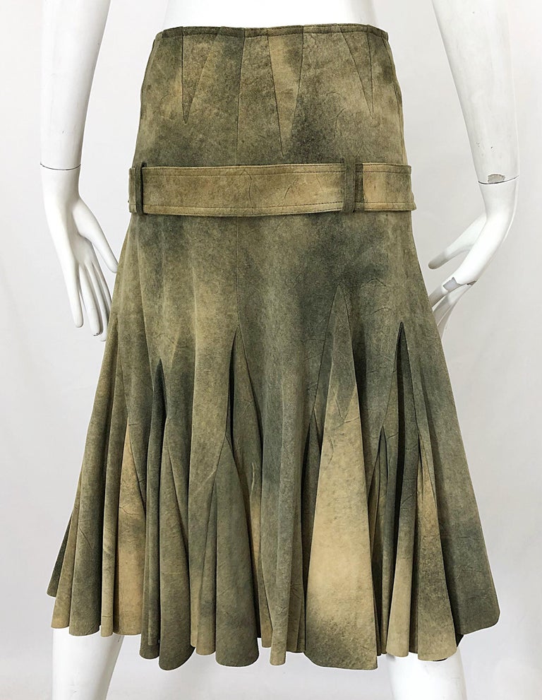 Brown John Galliano 2000s Leather Size 4 Distressed Print Drop Waist Belted Skirt For Sale