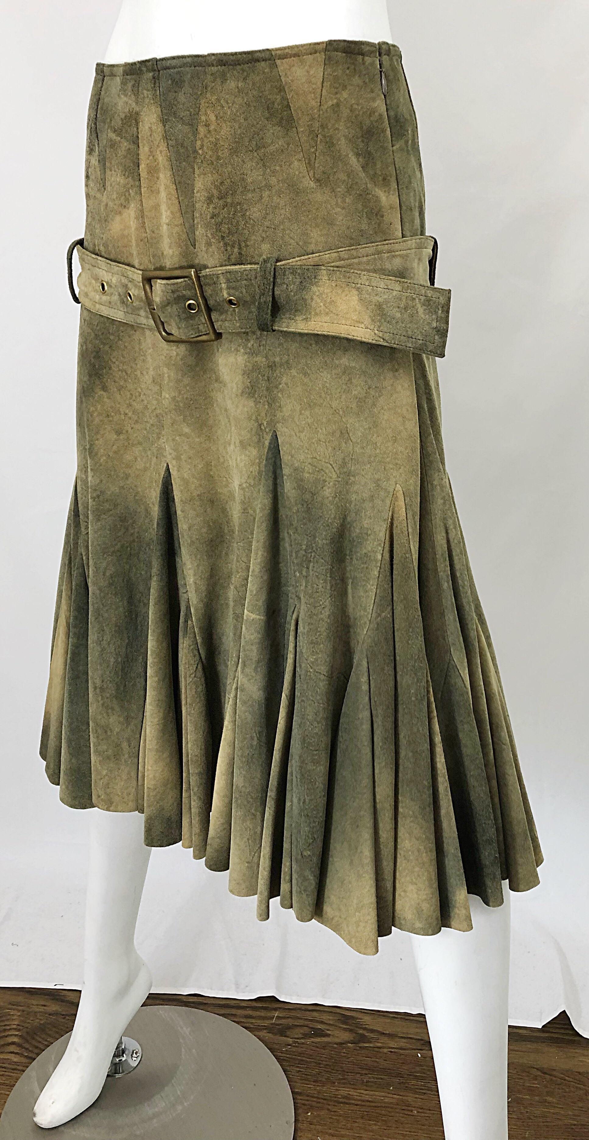 Brown John Galliano 2000s Leather Size 4 Distressed Print Drop Waist Belted Skirt For Sale