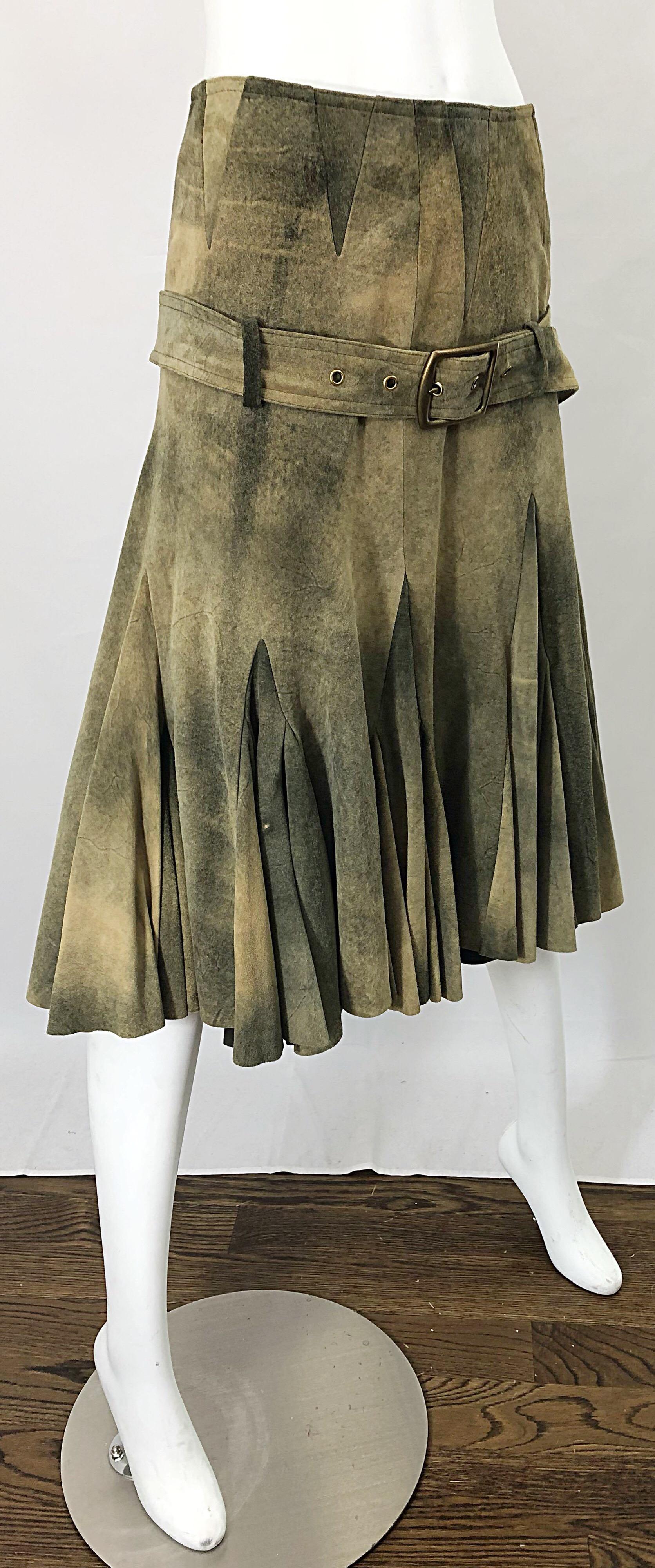 Women's John Galliano 2000s Leather Size 4 Distressed Print Drop Waist Belted Skirt For Sale
