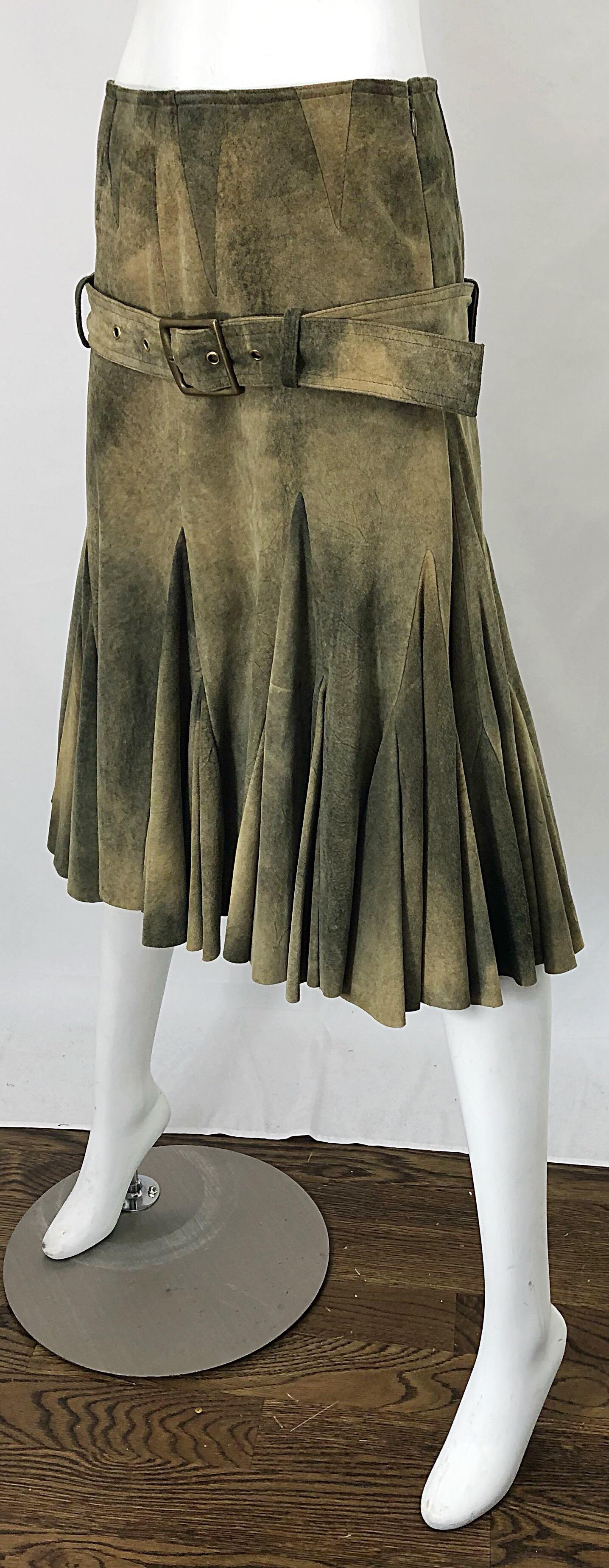 John Galliano 2000s Leather Size 4 Distressed Print Drop Waist Belted Skirt For Sale 1