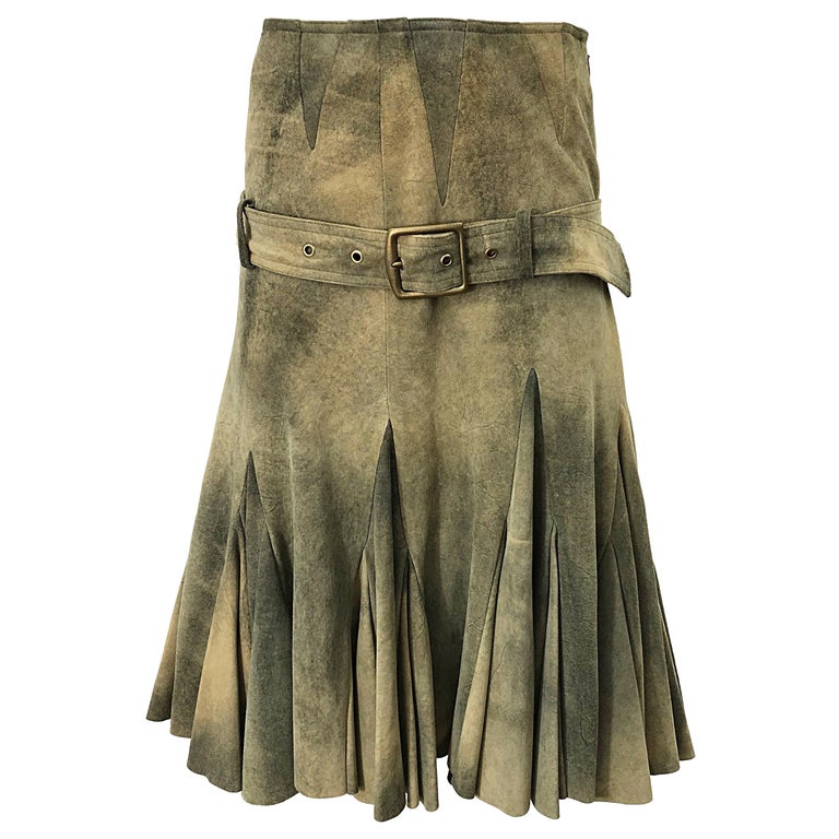John Galliano 2000s Leather Size 4 Distressed Print Drop Waist Belted Skirt For Sale