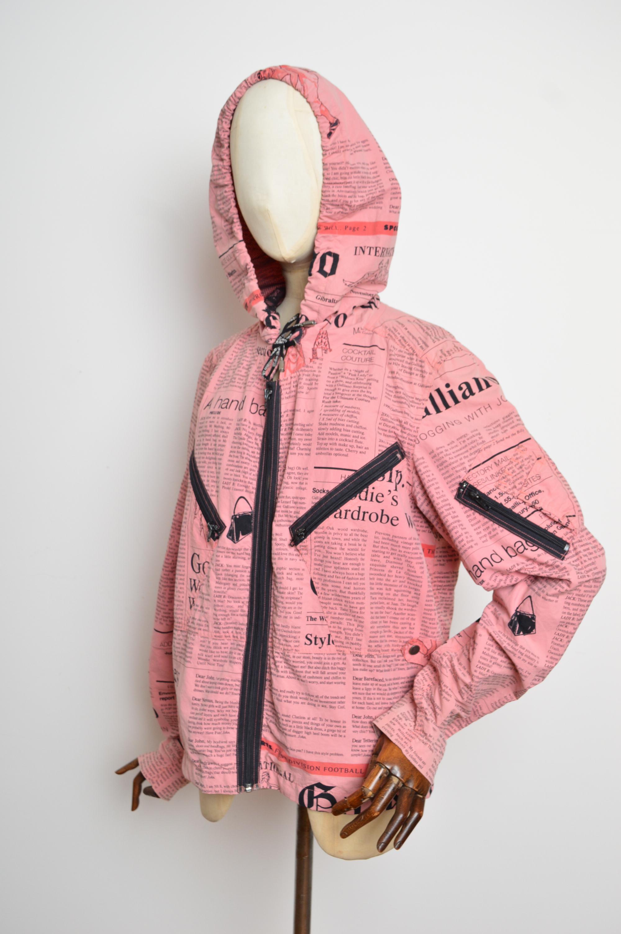 John Galliano 2000's Newspaper Print Avant Guard Huge Hooded Zip