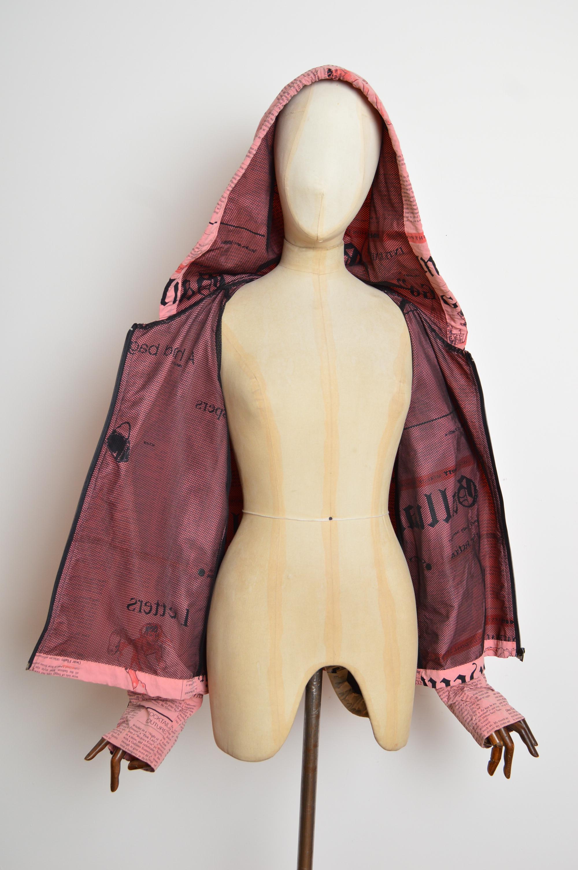 John Galliano 2000's Newspaper Print Avant Guard Huge Hooded Zip