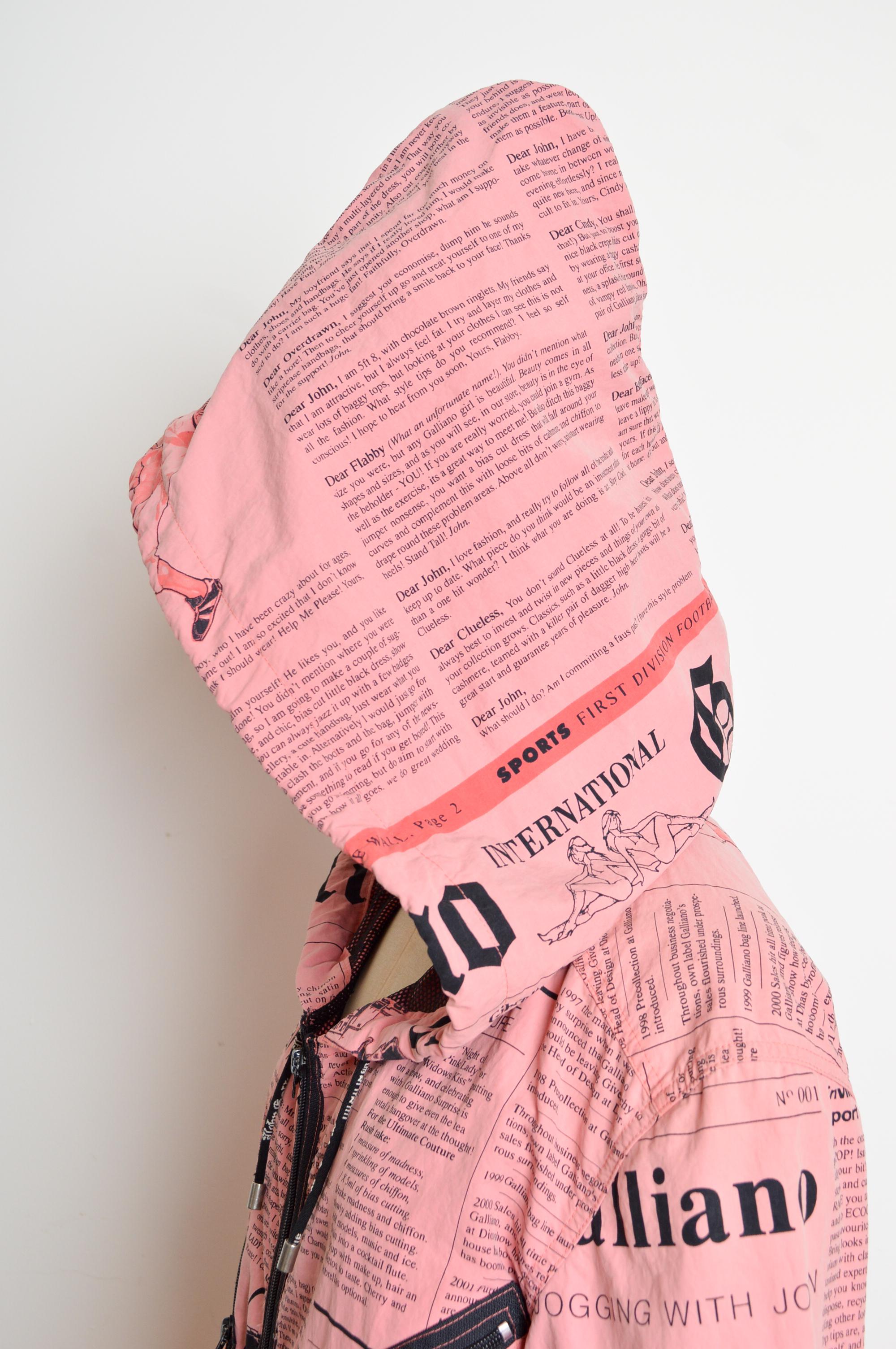 John Galliano 2000's Newspaper Print Avant Guard Huge Hooded Zip