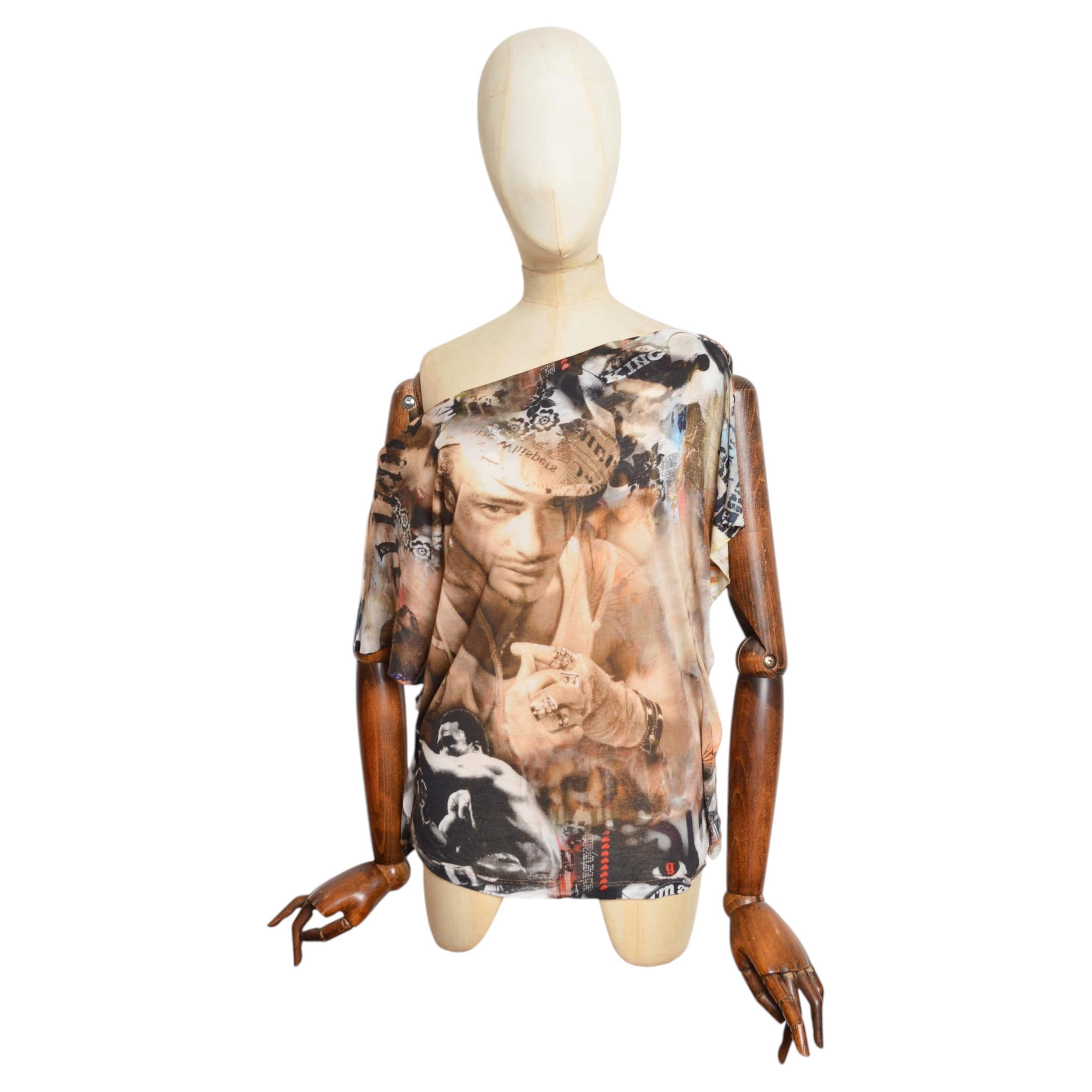John Galliano 2000’s Newspaper Print Off Shoulder Slouchy Top T-Shirt