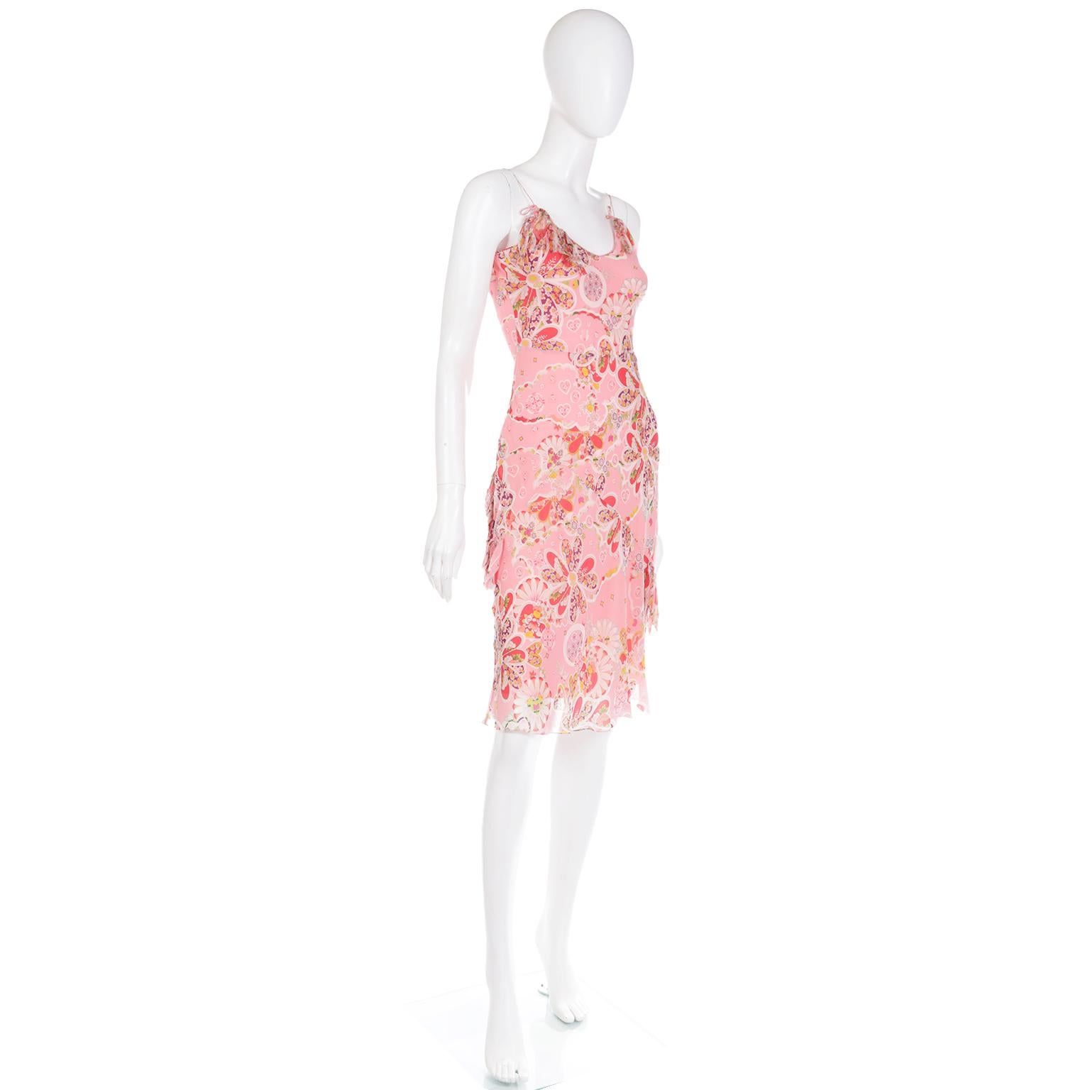 John Galliano 2000s Pink Patchwork Floral Silk Chiffon Slip Dress 1
