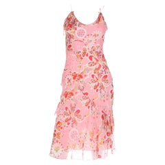 John Galliano 2000s Pink Patchwork Floral Silk Chiffon Slip Dress