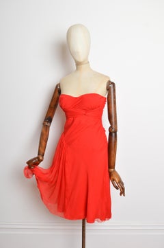 John Galliano 2000’s Strapless Red Chiffon Silk Bias Cut floaty Cocktail Dress
