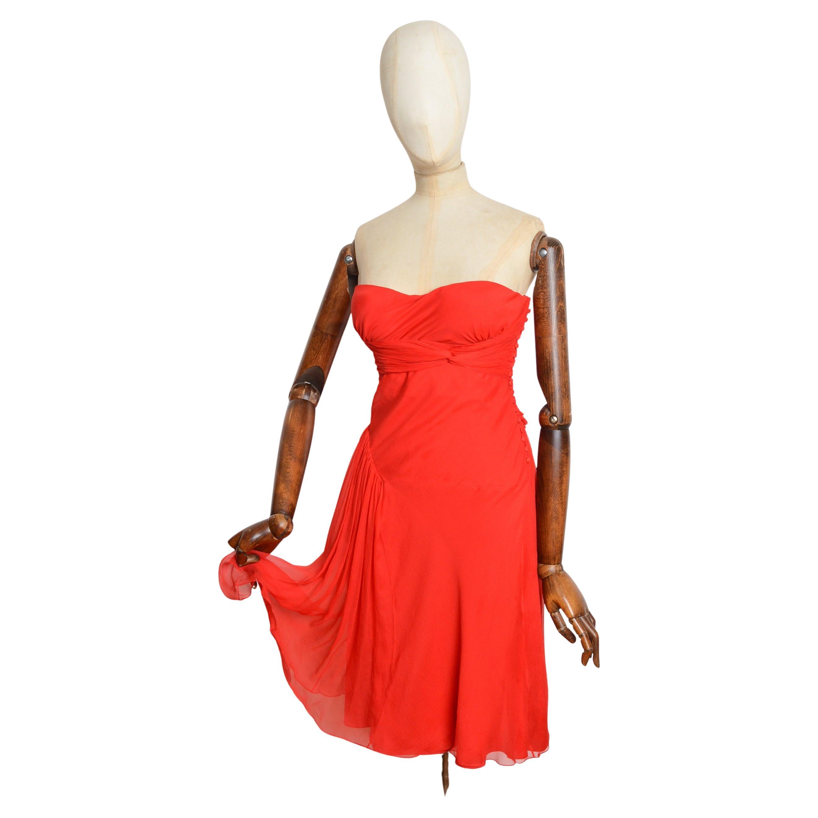 I Galliano 2000
s Strapless Red Chiffon Silk Bias Cut floaty Cocktail Dress
