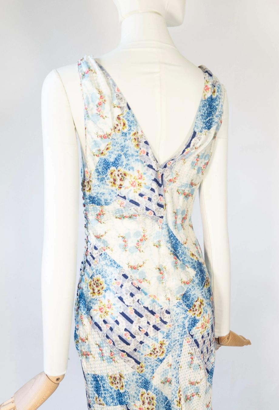 John Galliano 2004 Vestido de verano midi de satén con estampado floral Sz FR40 Gris en venta