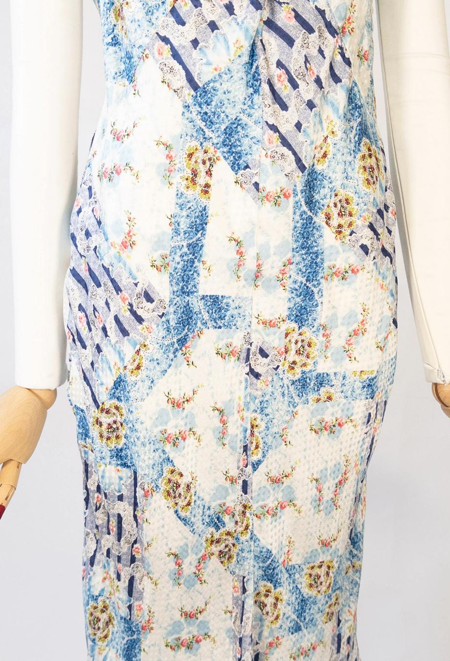 John Galliano 2004 Vestido de verano midi de satén con estampado floral Sz FR40 en Bastante bueno estado para la venta en Melbourne, VIC