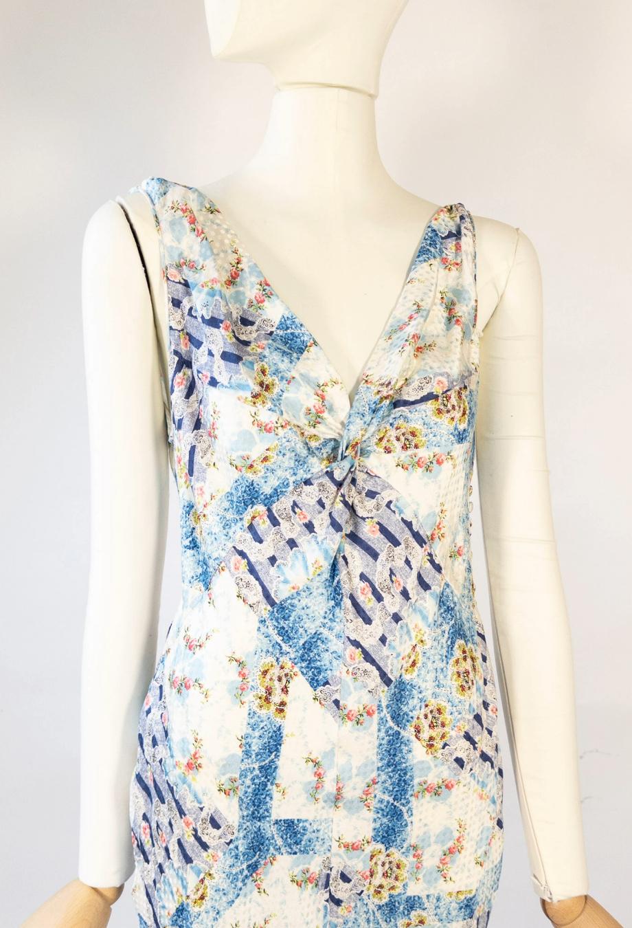 Femenino o masculino John Galliano 2004 Vestido de verano midi de satén con estampado floral Sz FR40 en venta