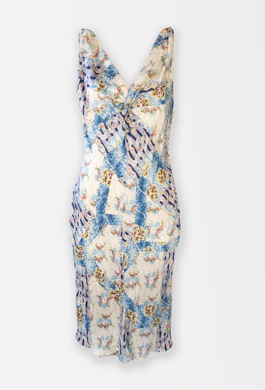 John Galliano 2004 Vestido de verano midi de satén con estampado floral Sz FR40 en venta 3
