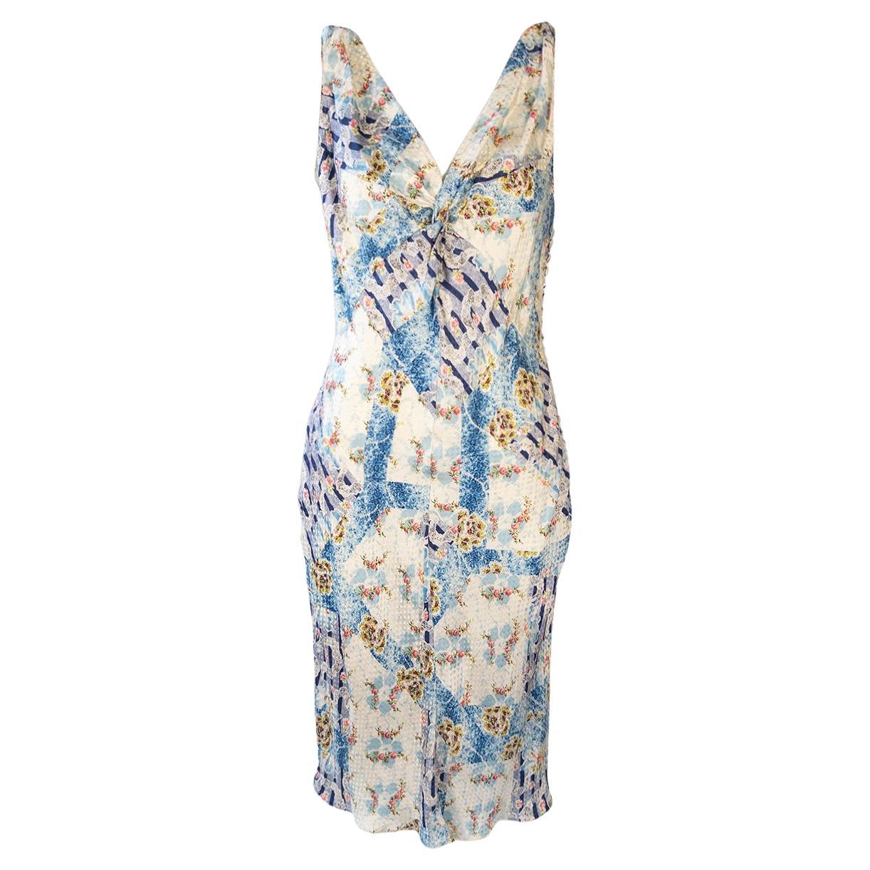 John Galliano 2004 Midi Blumendruck Satin Sommerkleid Sz FR40