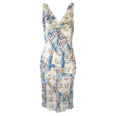 John Galliano 2004 Vestido de verano midi de satén con estampado floral Sz FR40