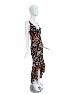 JOHN GALLIANO 2004 Vintage Silk Navy Floral Ruffle Maxi Dress