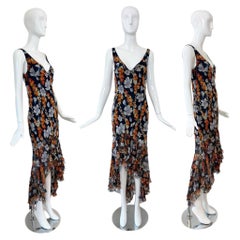 JOHN GALLIANO 2004 Vintage Silk Navy Floral Ruffle Maxi Dress