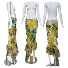 JOHN GALLIANO 2005 Vintage Seide Rüschen Print Asymmetrischer Maxirock