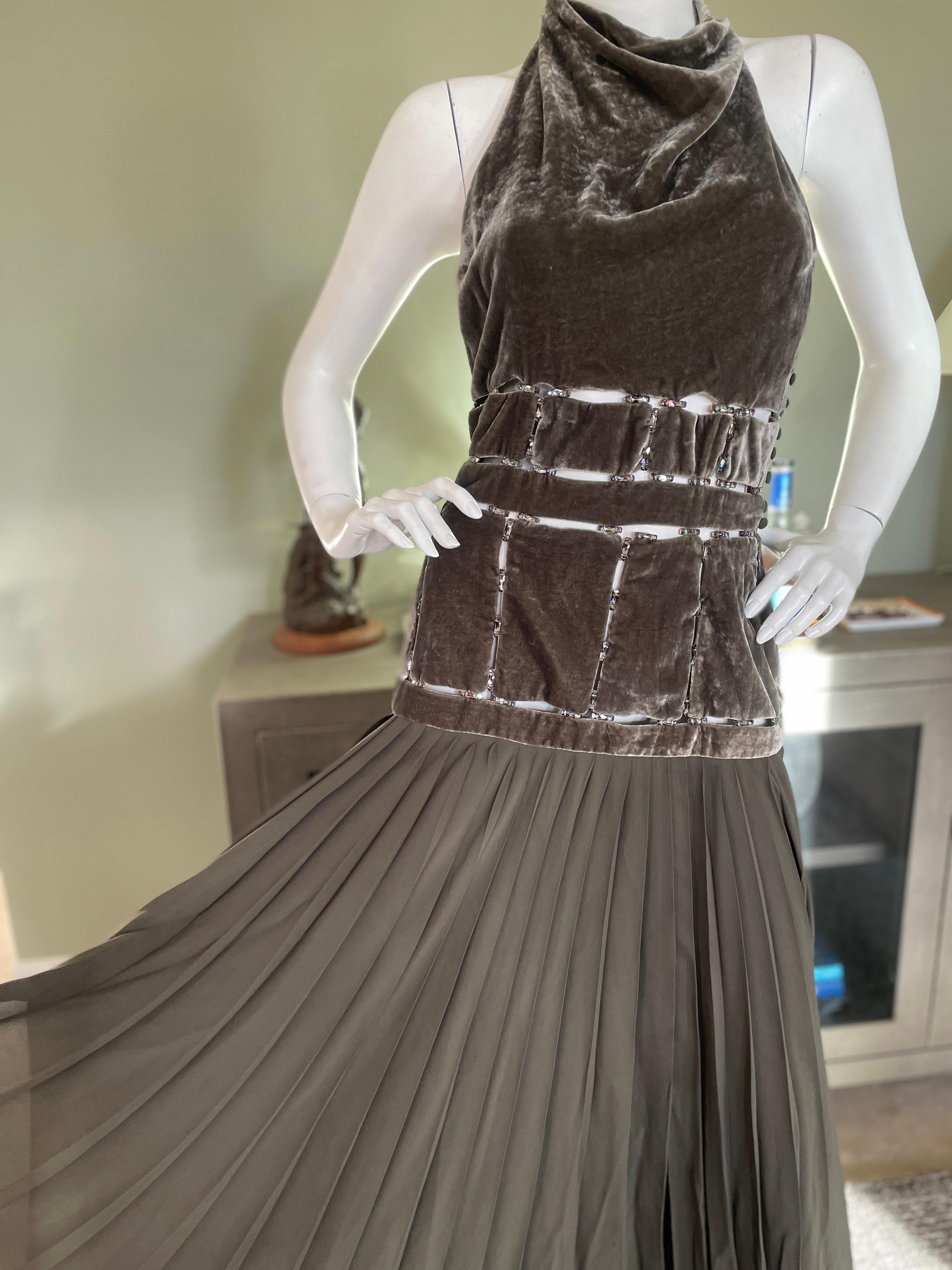 John Galliano 2006 Pleated Velvet Halter Dress with Crystal Trellis Details NWT In Excellent Condition For Sale In Cloverdale, CA