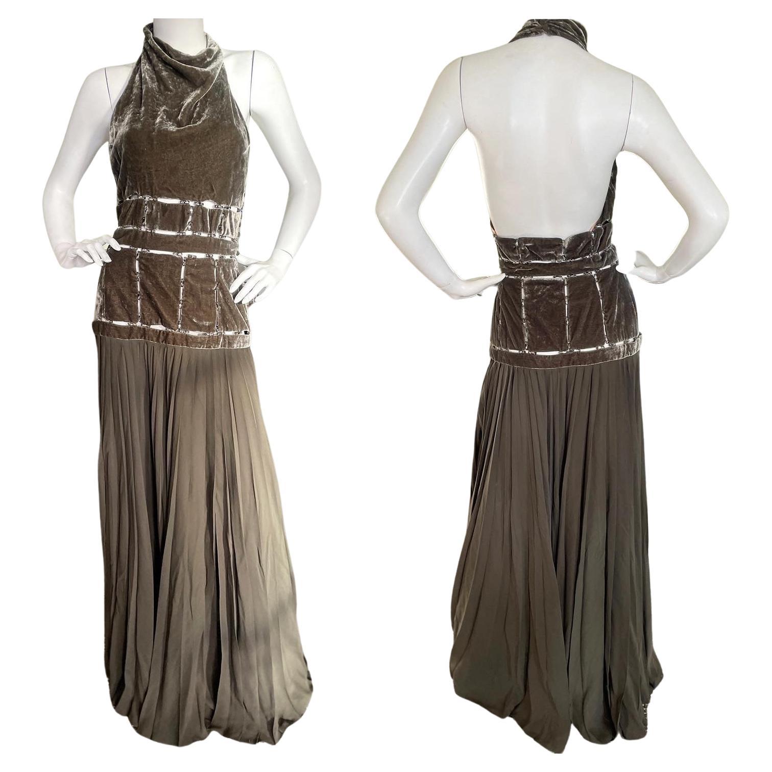 John Galliano 2006 Pleated Velvet Halter Dress with Crystal Trellis Details NWT For Sale
