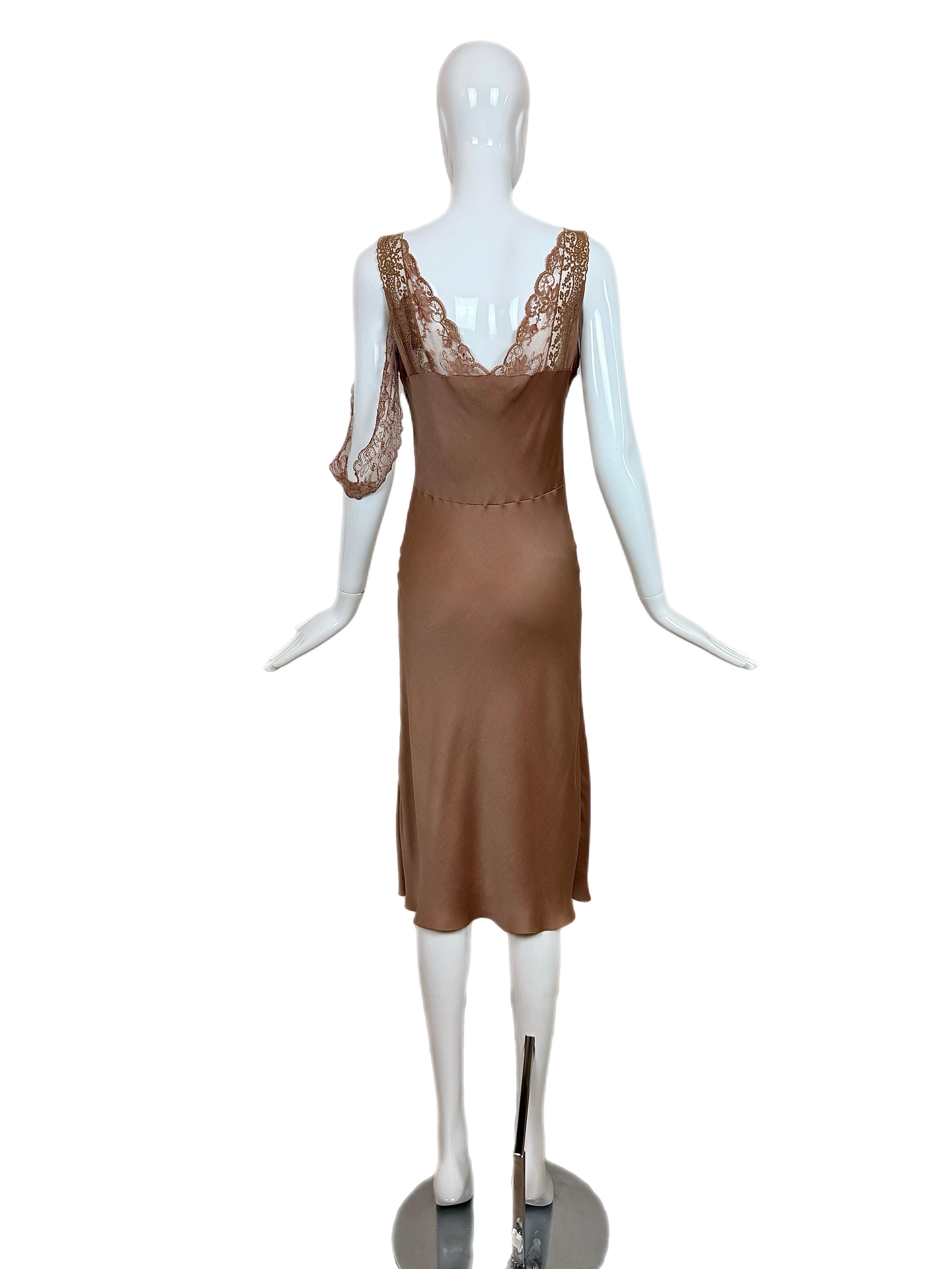 JOHN GALLIANO 2006 Vintage Silk Knee Length Slip Dress w. Lace For Sale 6