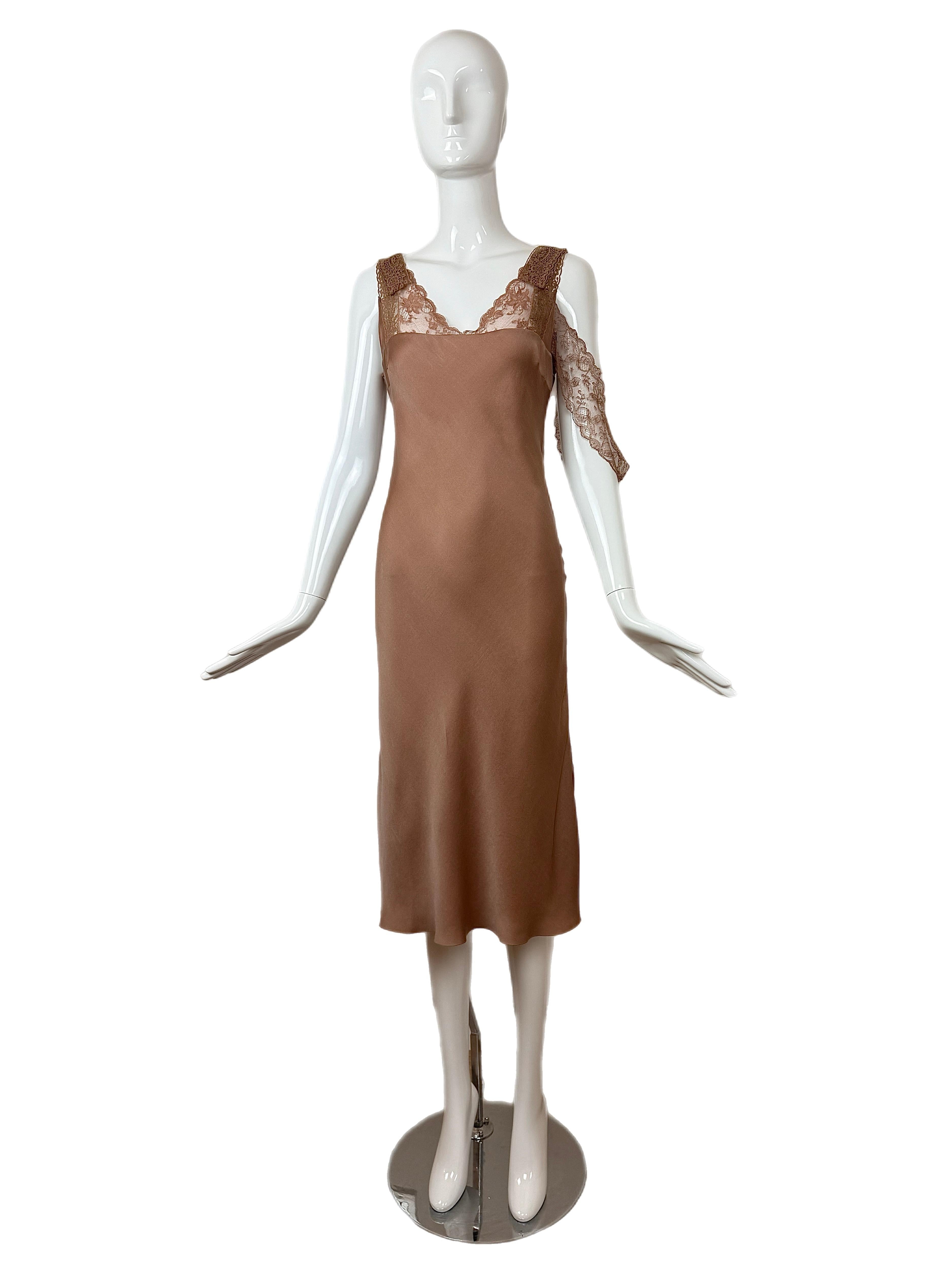 Brown JOHN GALLIANO 2006 Vintage Silk Knee Length Slip Dress w. Lace For Sale