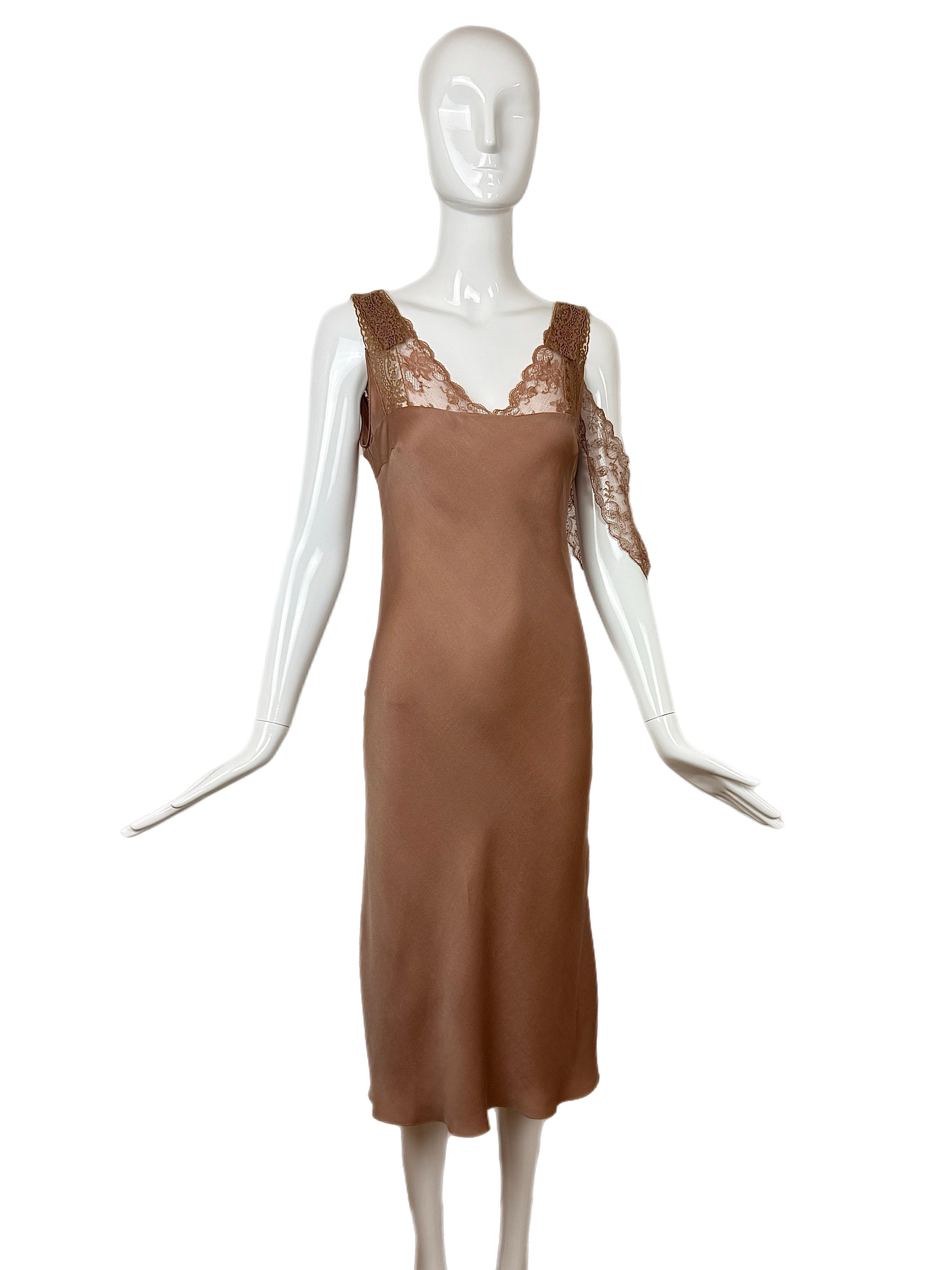 JOHN GALLIANO 2006 Vintage Silk Knee Length Slip Dress w. Lace In Good Condition For Sale In Leonardo, NJ