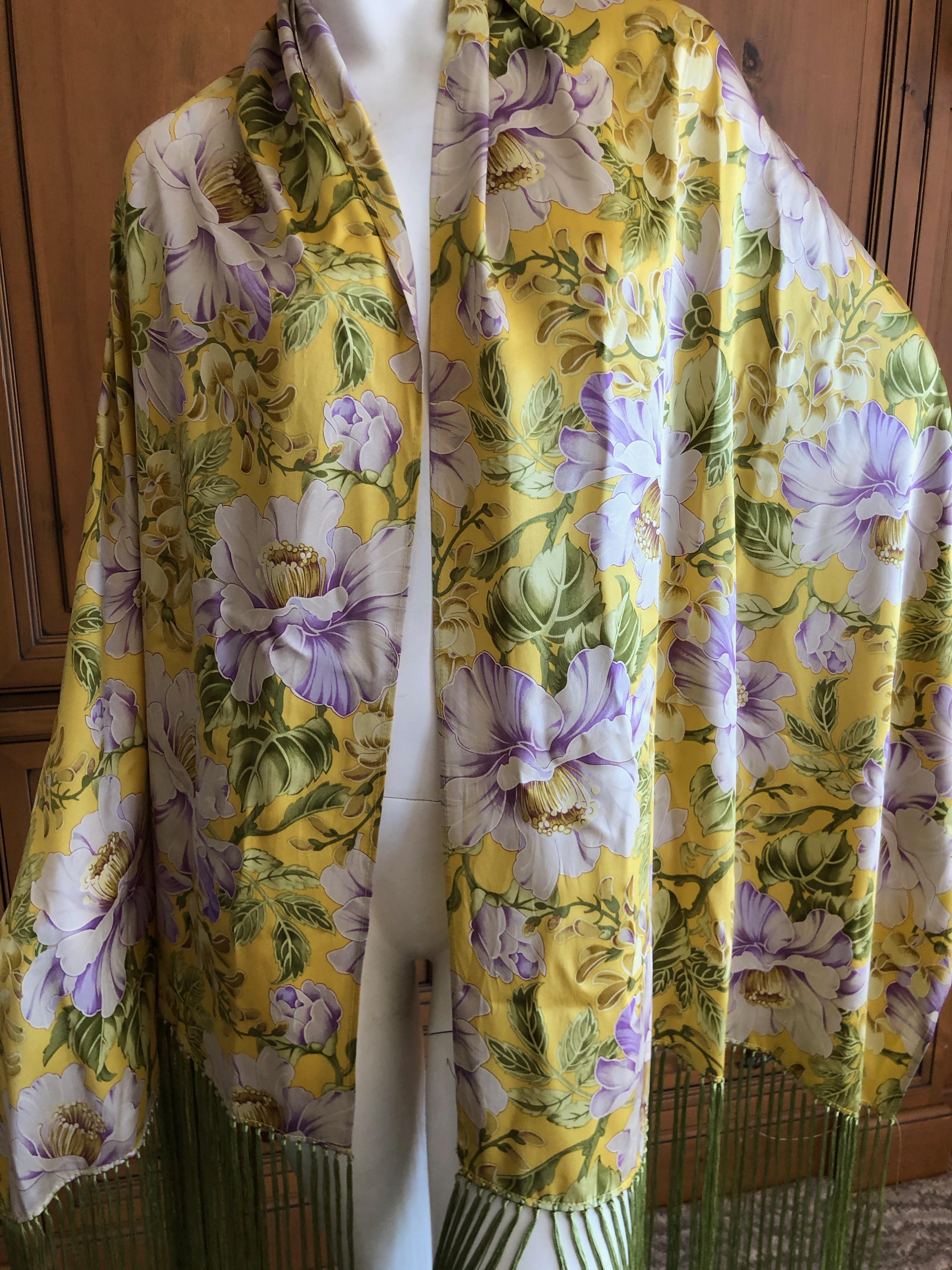 John Galliano 2008 Silk Floral Print  Piano Fringe Shawl In Excellent Condition For Sale In Cloverdale, CA
