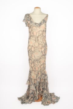John Galliano 2008 Vintage Long Silk Dress, Flower Pattern, Size 42FR