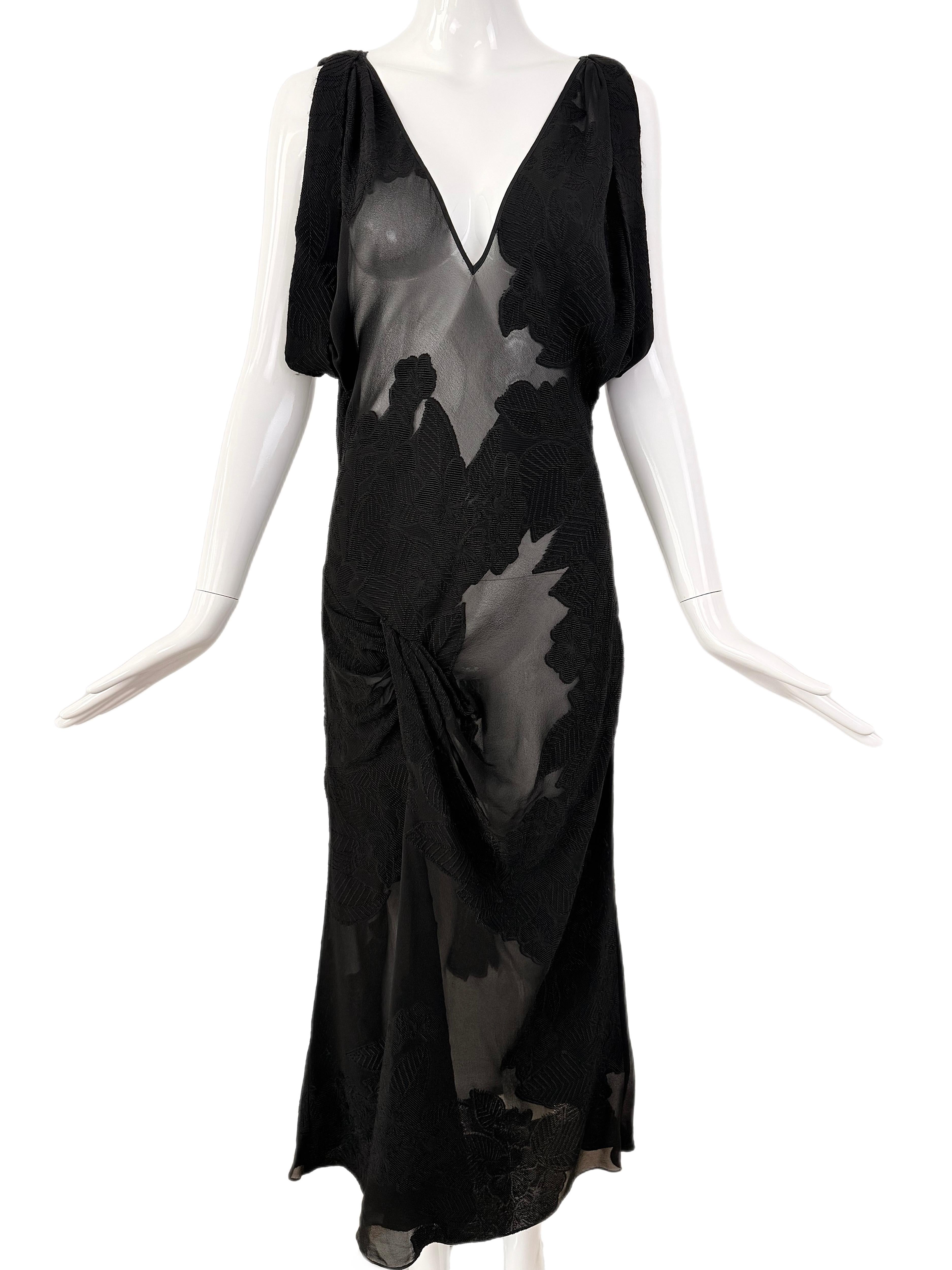 JOHN GALLIANO 2017 Runway Black Semi Sheer Silk Floral Midi Dress In Good Condition For Sale In Leonardo, NJ