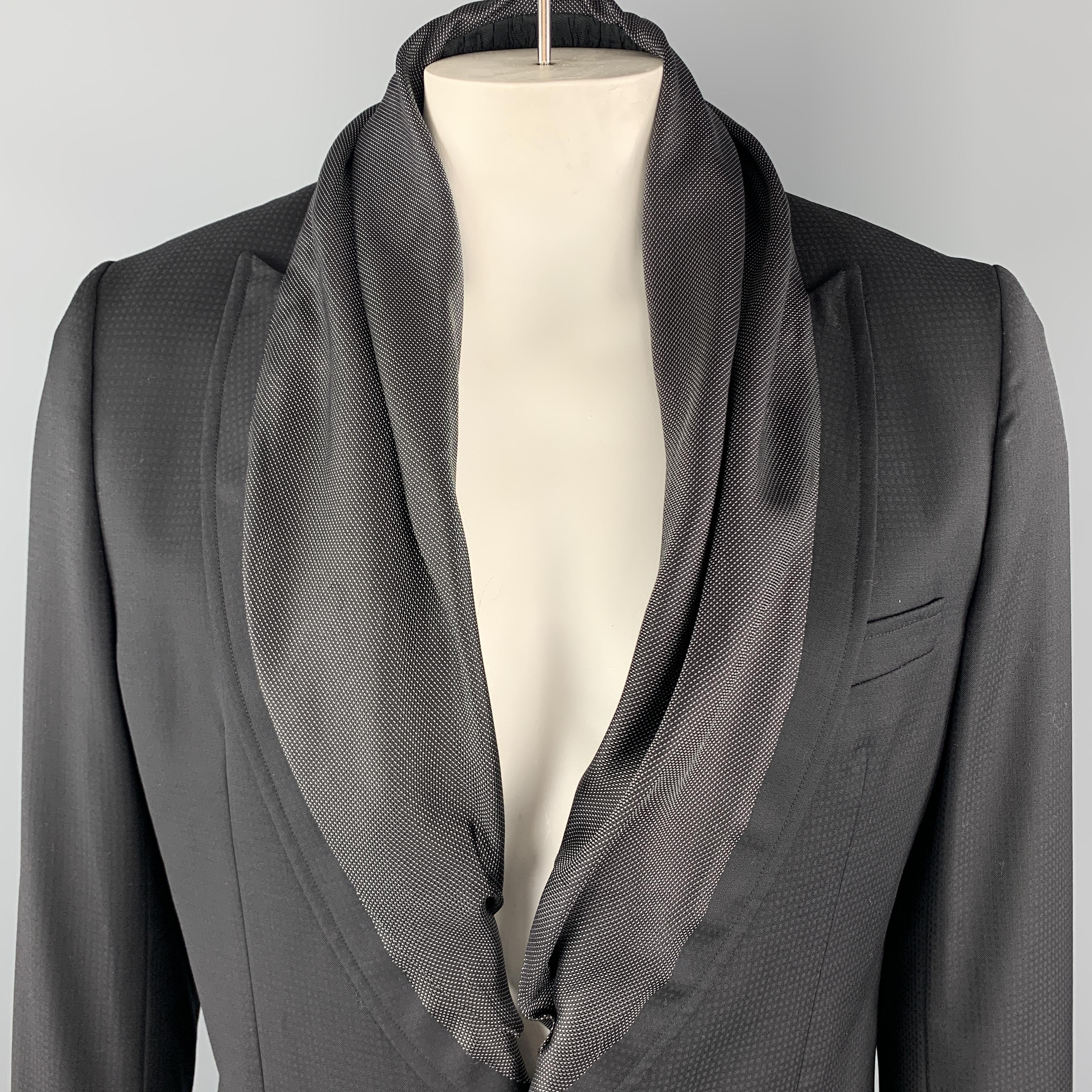 JOHN GALLIANO Tuxedo Sport Coat comes in a black on black checkered wool material, with a grey scarf collar, a draped detail at inner collar, slit pockets, a single button at closure, single breasted, buttoned cuffs and a single vent at back. Made
