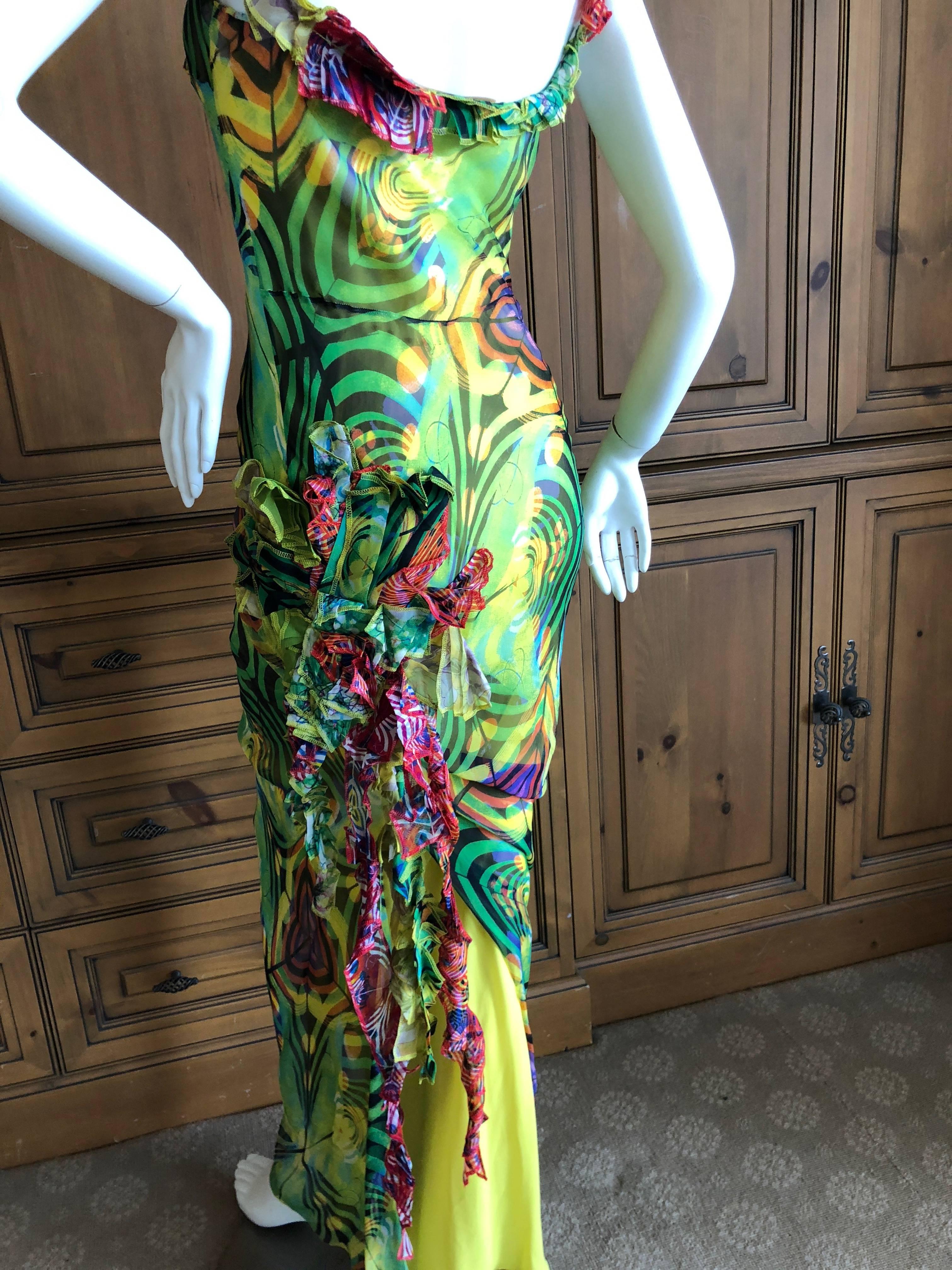 John Galliano SS 2002 Psychedelic Print Bias Cut Vintage Ruffle Silk Dress For Sale 8