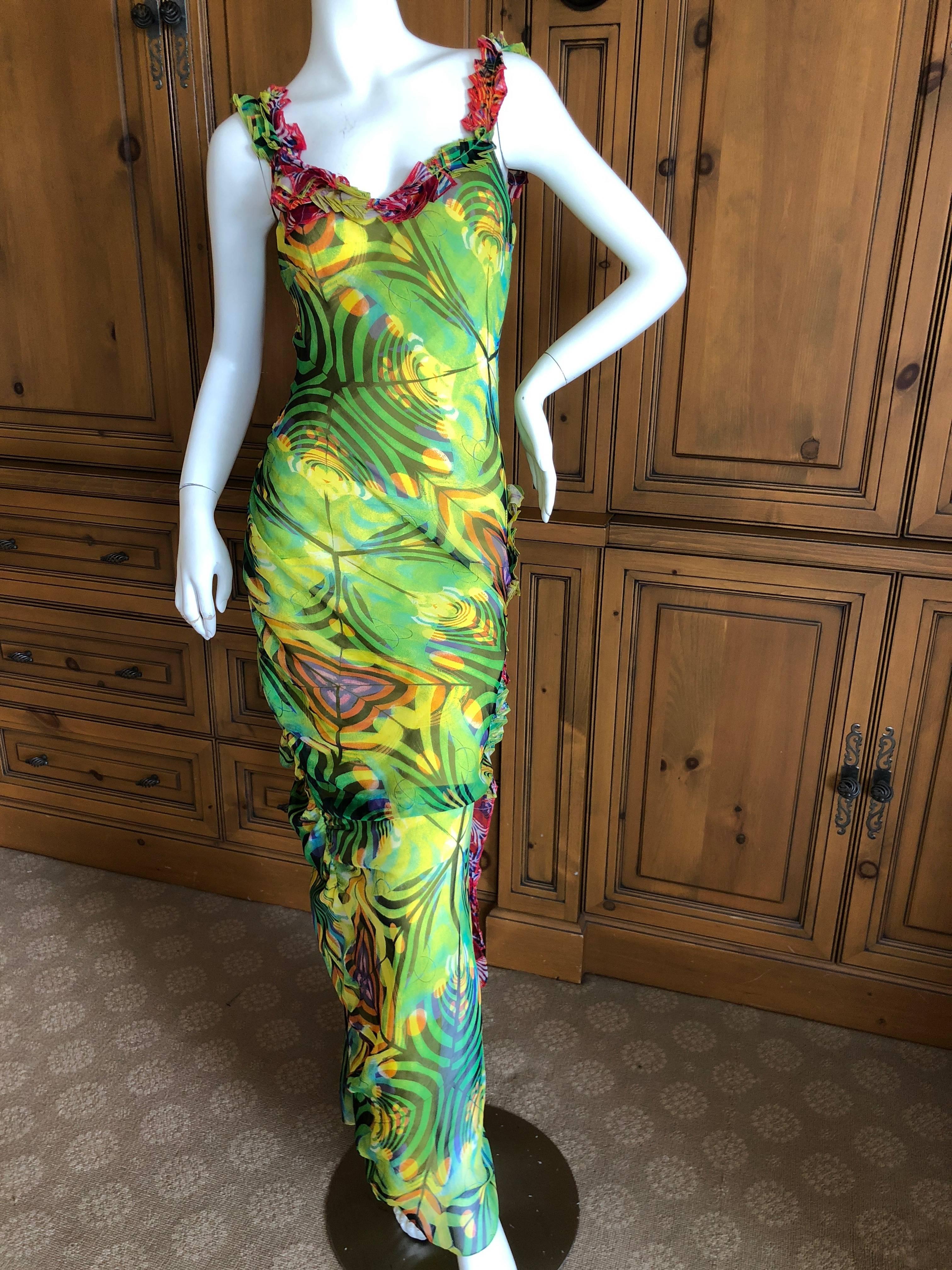 John Galliano SS 2002 Psychedelic Print Bias Cut Vintage Ruffle Silk Dress In Excellent Condition For Sale In Cloverdale, CA